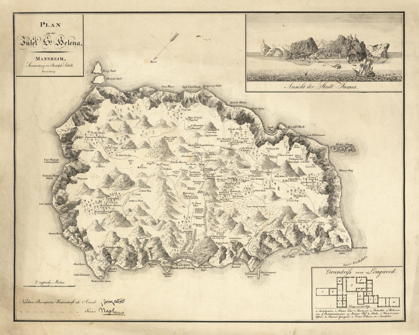 An antique-style topographical map print of Jaffa and Beersheva, featuring detailed mountain and terrain illustrations, a small inset landscape drawing in the upper right, and a plan diagram in the lower right, all on a warm beige paper background.