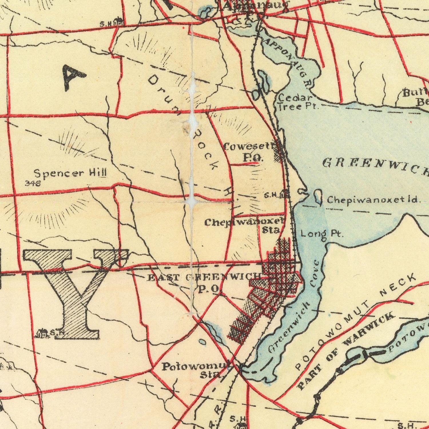 Vintage map of a coastal area with labeled places and red lines indicating routes or boundaries.