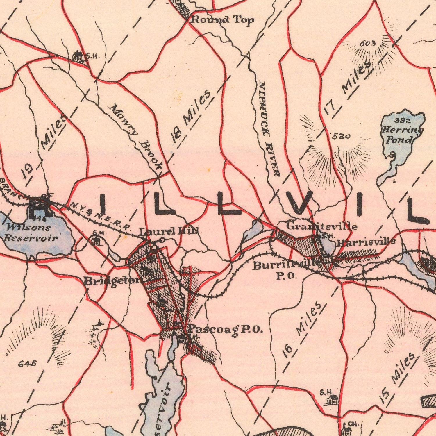 Vintage map of a town with labeled streets and landmarks