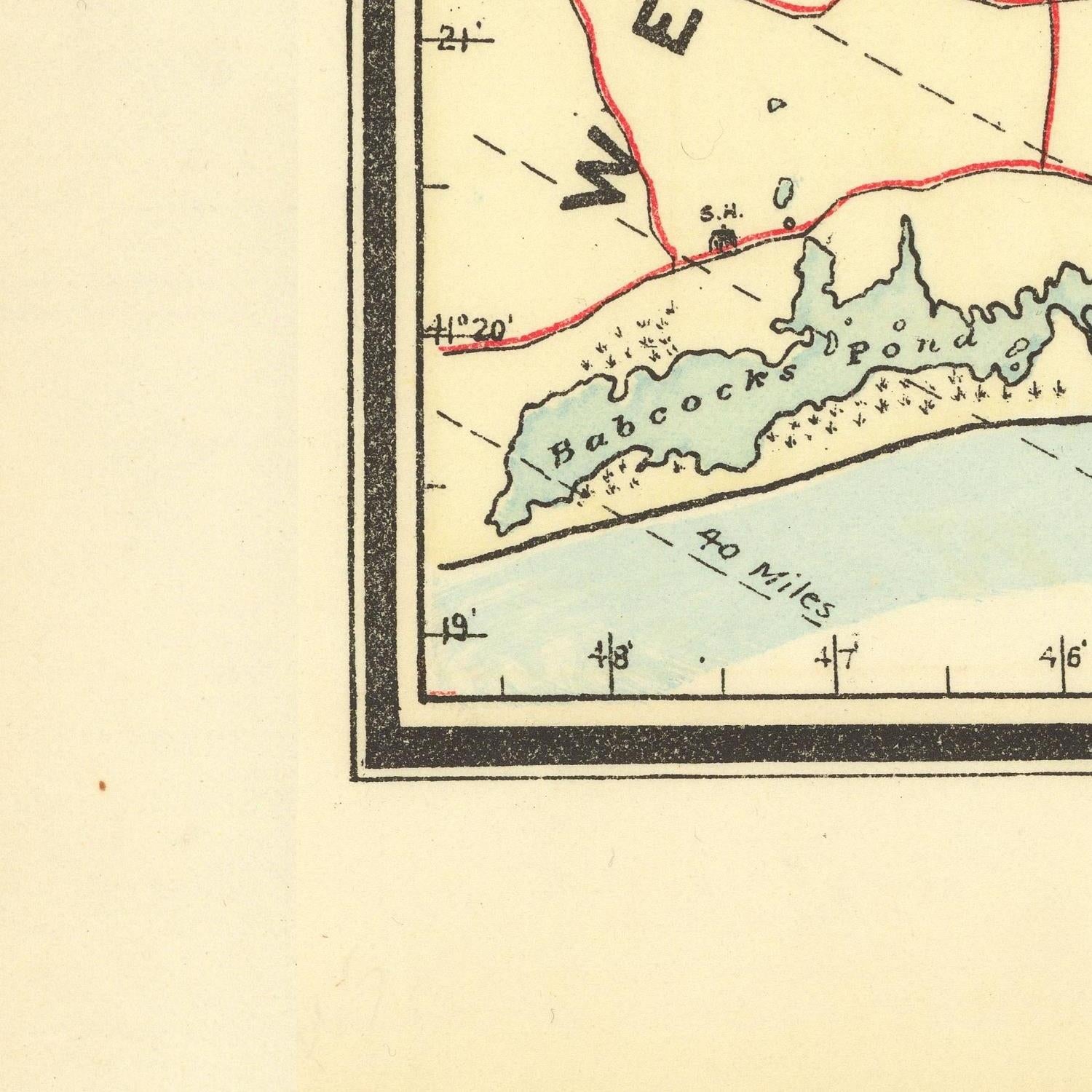 Map of a lake named Babcock's Pond with surrounding area labels on a beige background.