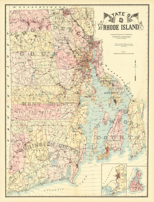 Vintage map of the State of Rhode Island with colorful county boundaries.
