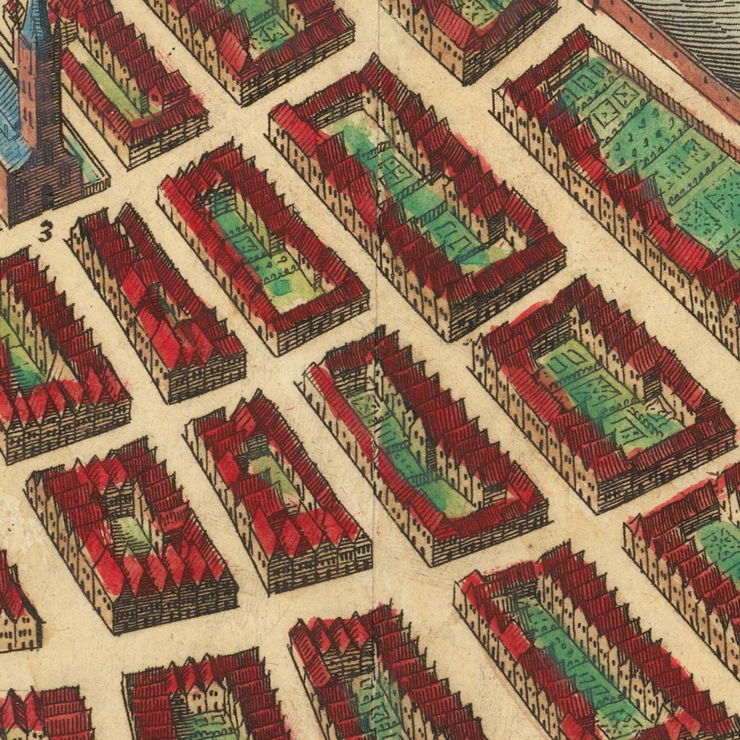 A close-up of a vintage architectural map or illustration showing rows of buildings with red roofs and green courtyards on a beige background.
