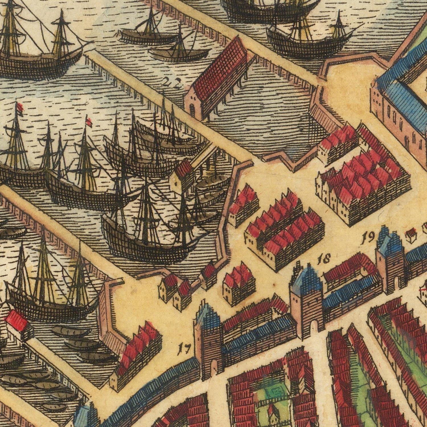 A vintage-style illustrated harbor scene showing multiple sailing ships in water, a fortified shoreline, and rows of buildings with red, blue, and beige roofs on a tan paper-like background.
