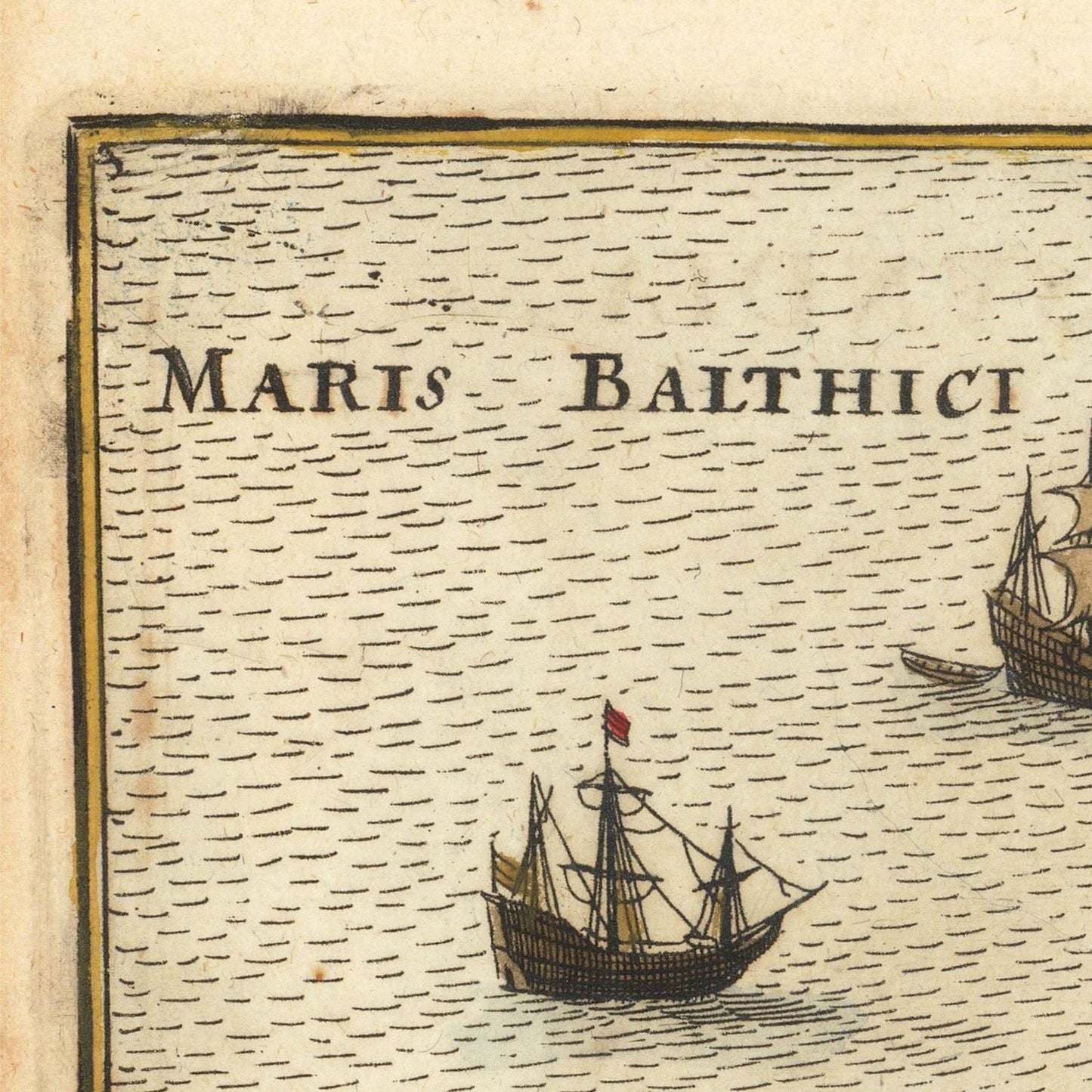 A close-up of an antique nautical print or map showing the text 'MARIS BALTHICI' above several small sailing ships on stylized water lines, with aged beige paper and a thin border visible.