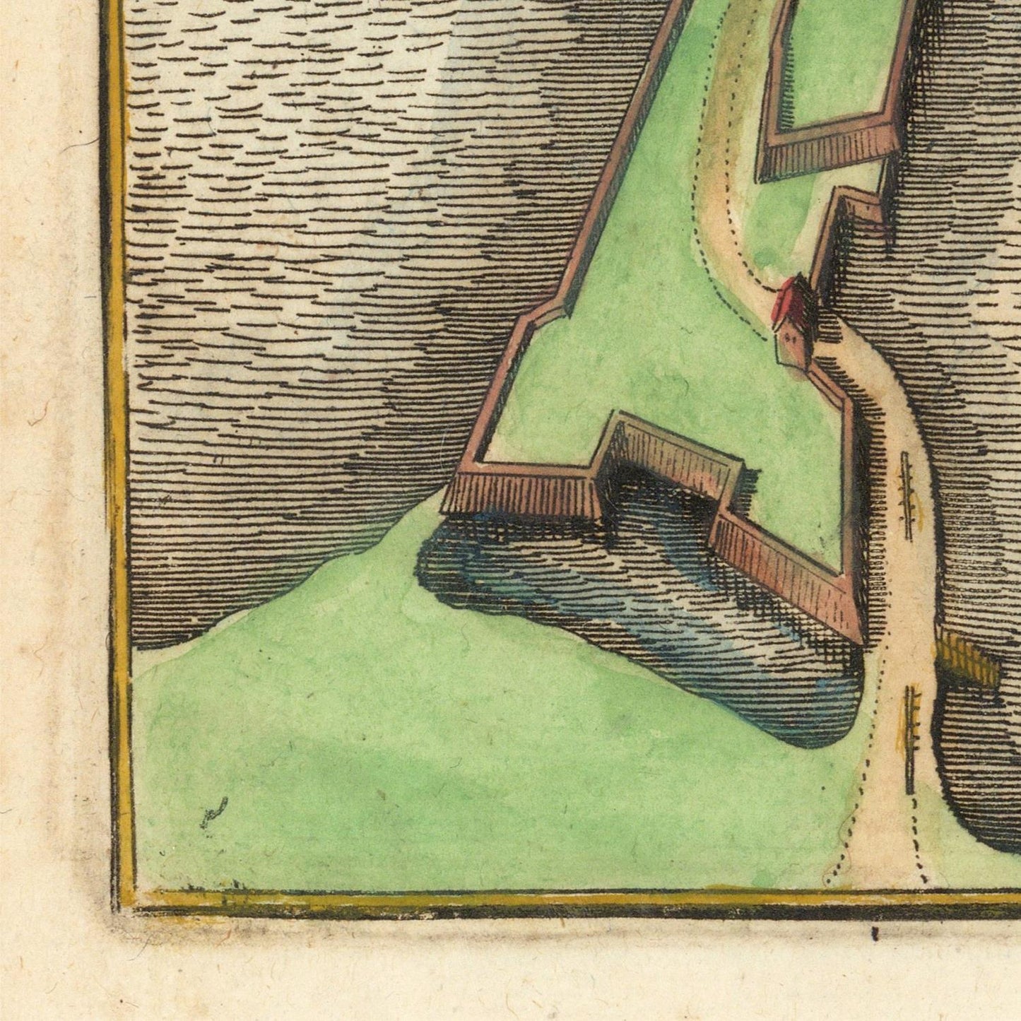 A close-up of a vintage map or print showing a fortified wall, green ground, and a winding path, with fine linework and a light border around the edges.