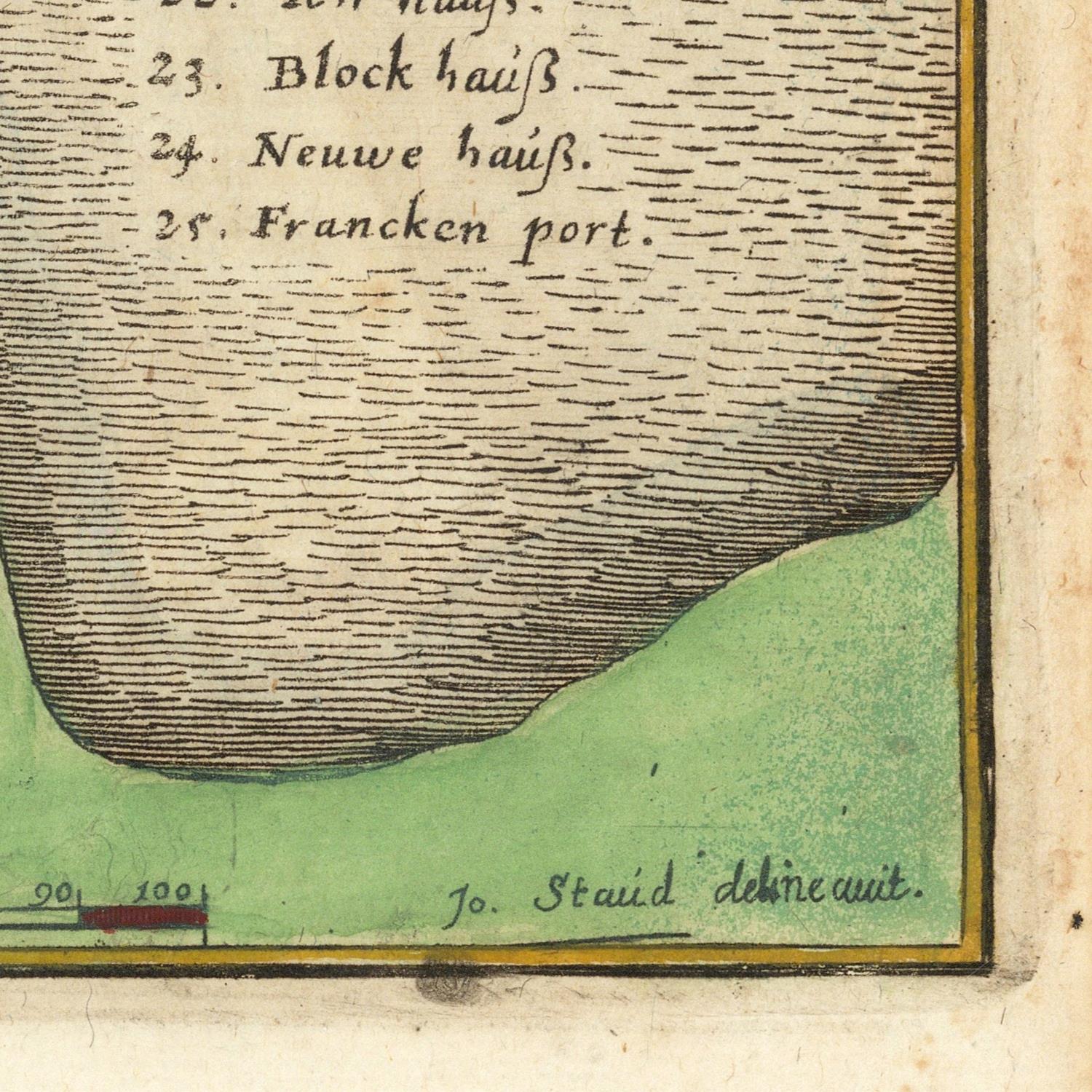 A close-up of an antique map or print showing a coastal landform with handwritten place names in German, including 'Block haufs.', 'Neuwe haufs.