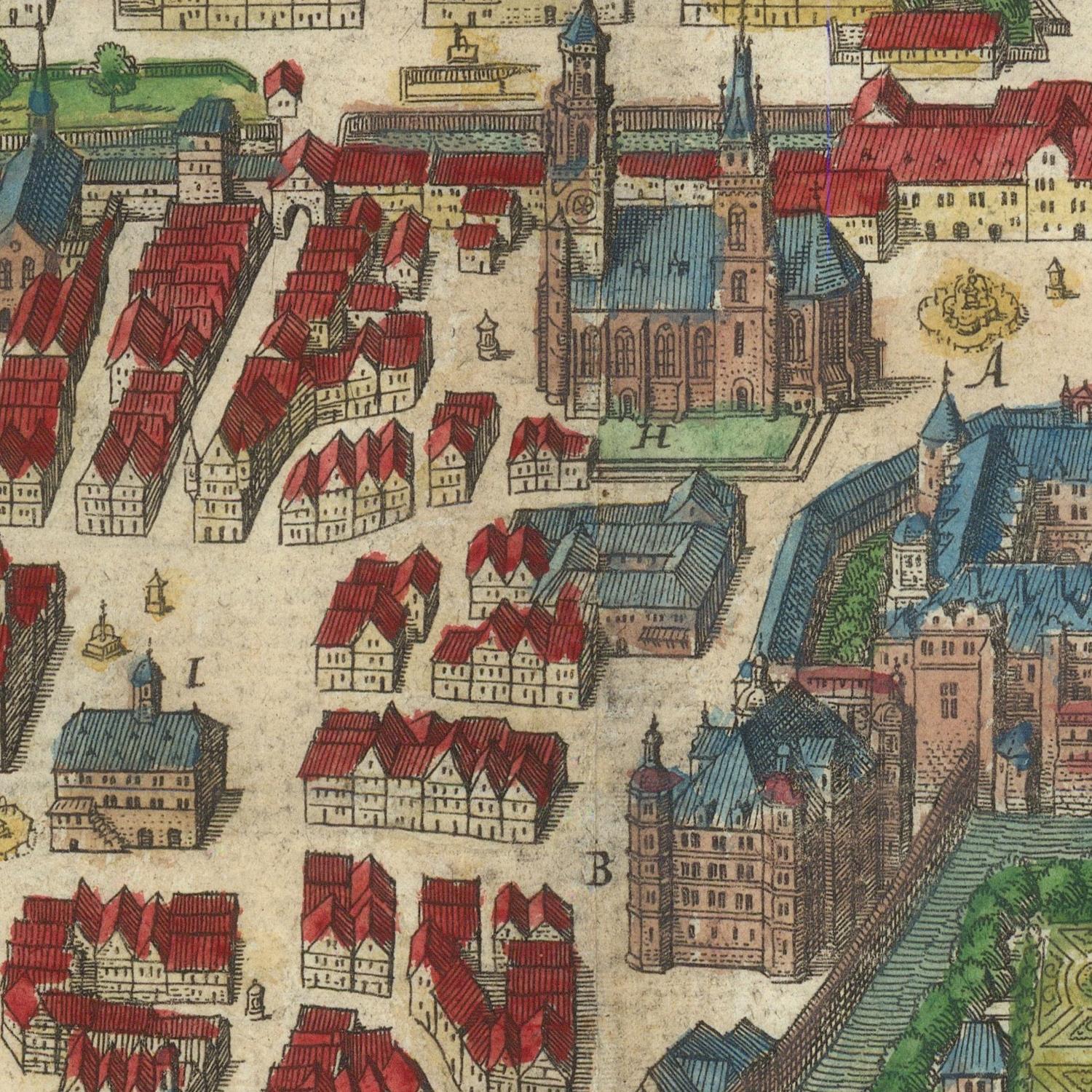 Vintage map of a city with detailed architecture and layout