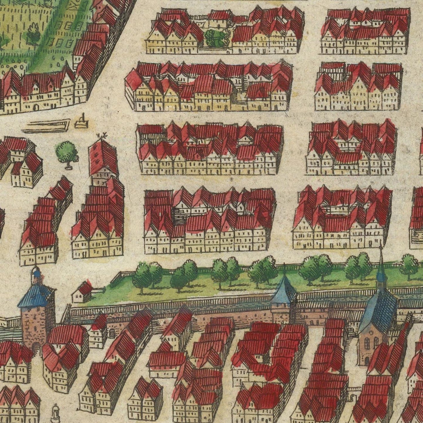 Vintage map of a town with red-roofed buildings and green spaces