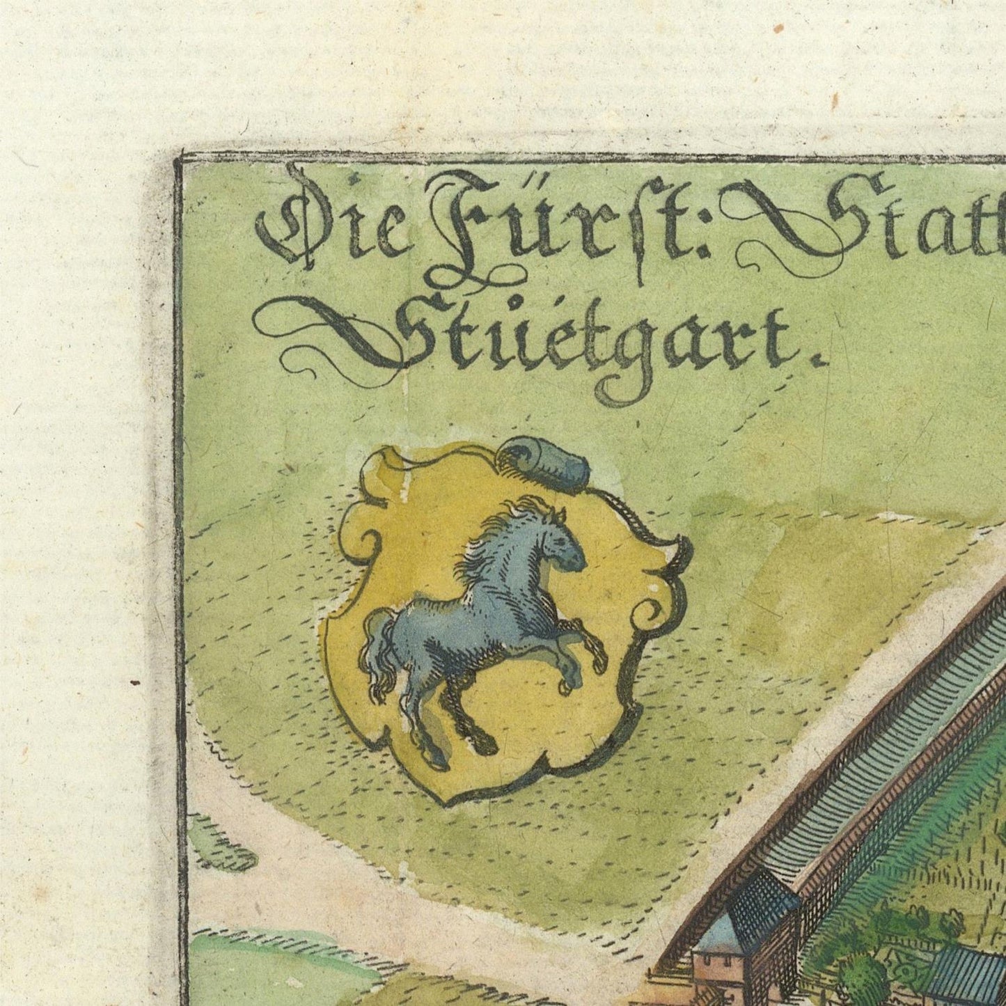 Map detail of Stuttgart with a coat of arms featuring a horse on a yellow background.