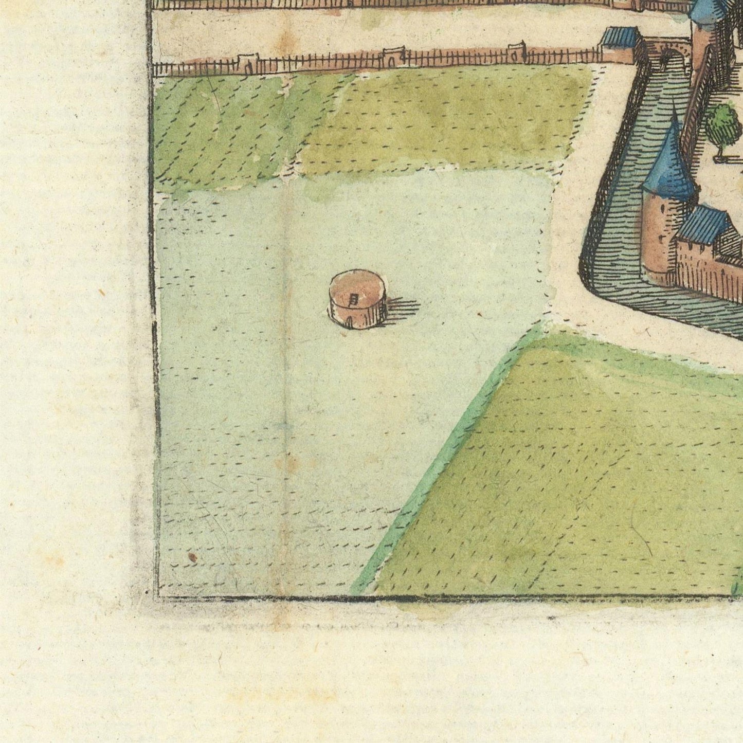 Vintage map or illustration of a landscape with buildings and fields.