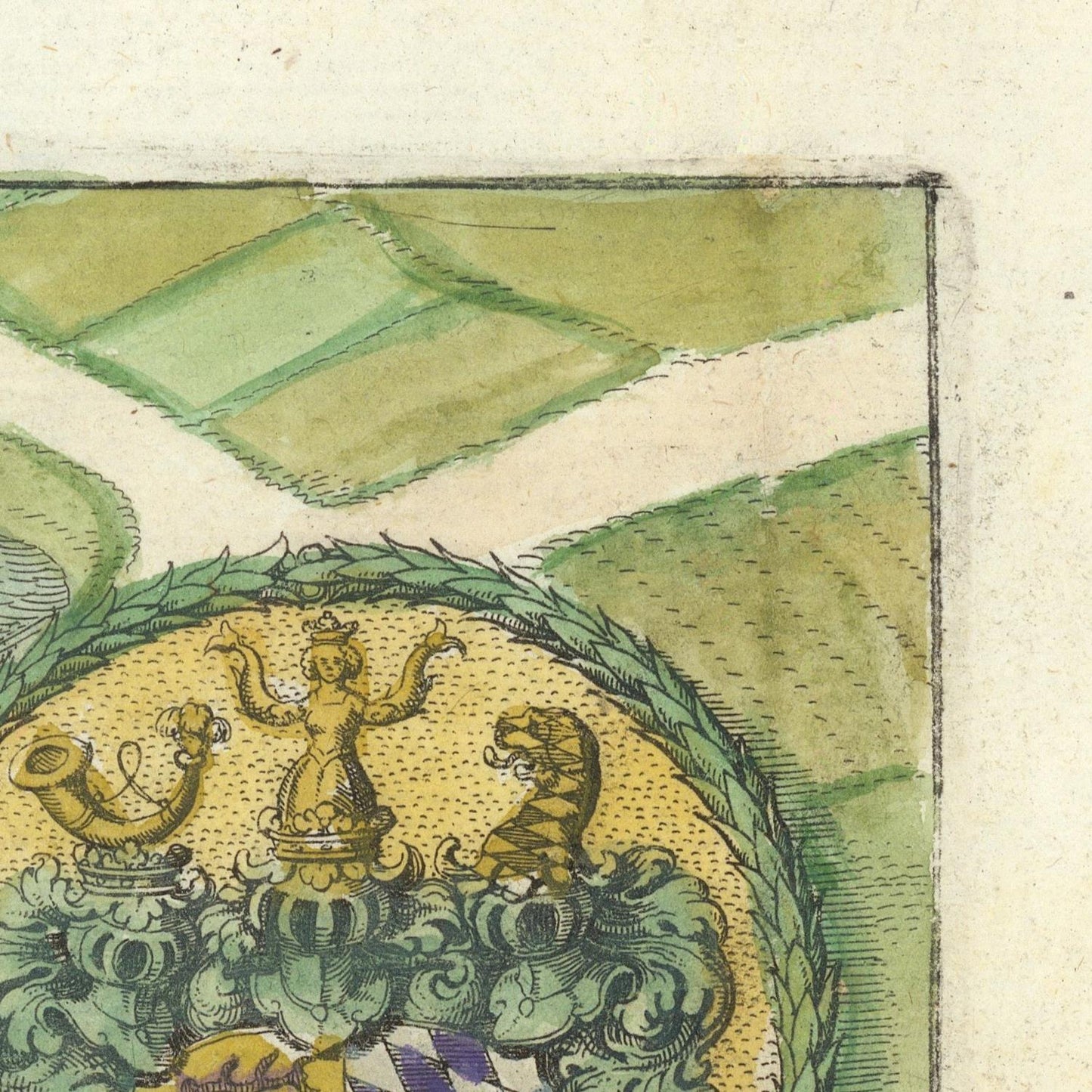 Decorative coat of arms with a central figure, flanked by two animals, on a striped background.