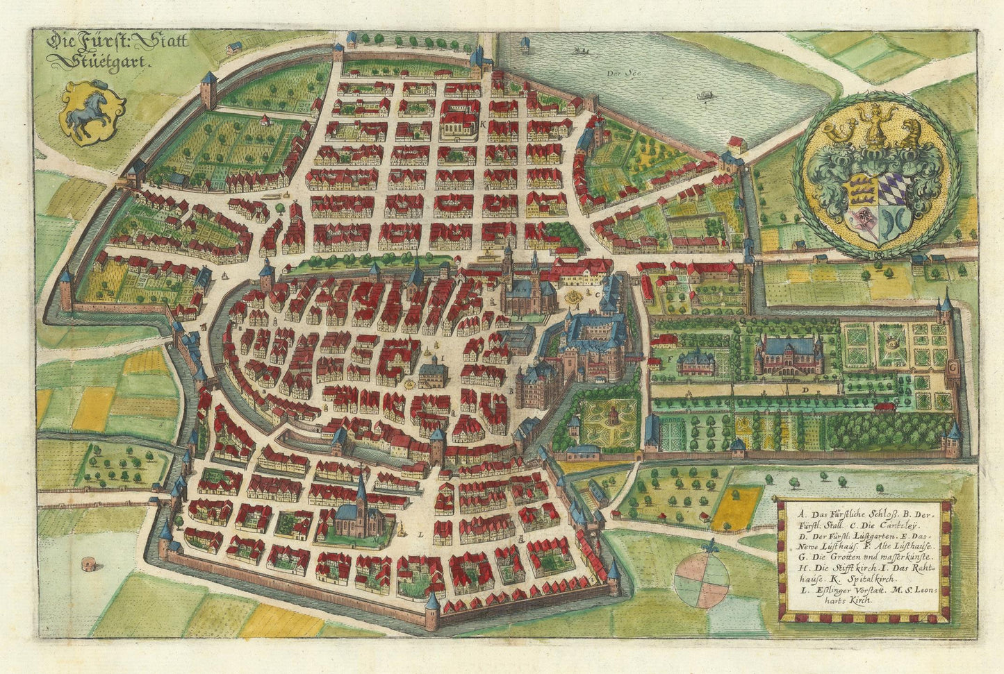 Vintage map of a city layout with gardens and buildings