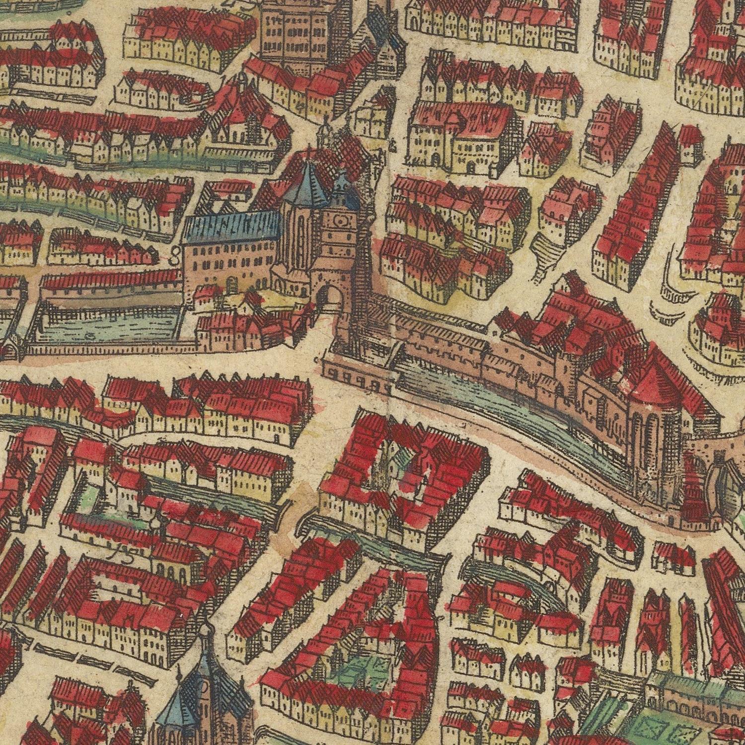 A close-up of a vintage-style city map or textile print showing dense rows of buildings with red roofs, streets, and a central tower on a warm beige background.