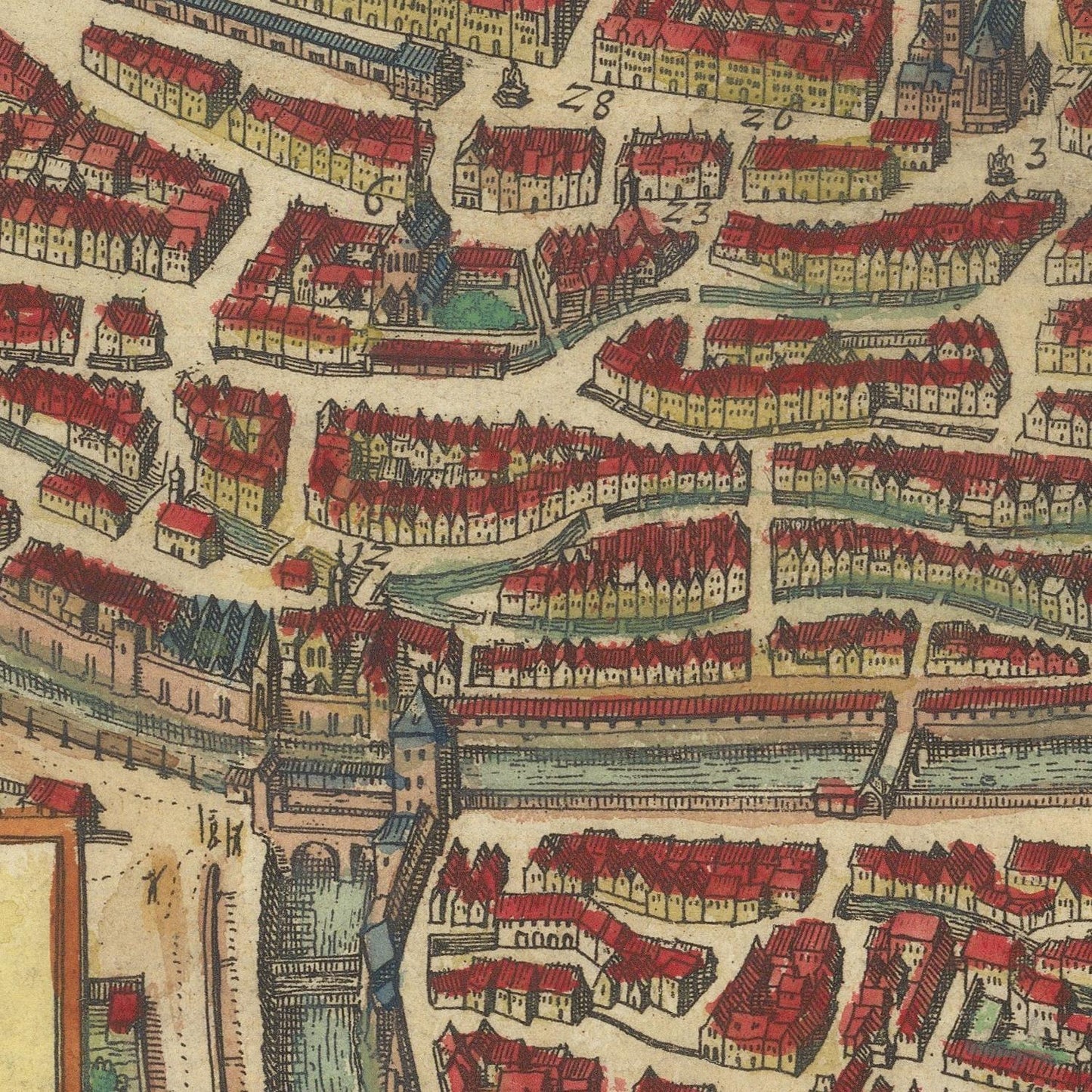 A close-up of an antique-style city map or illustration showing dense rows of buildings with red roofs, streets, and a river or canal running through the layout.