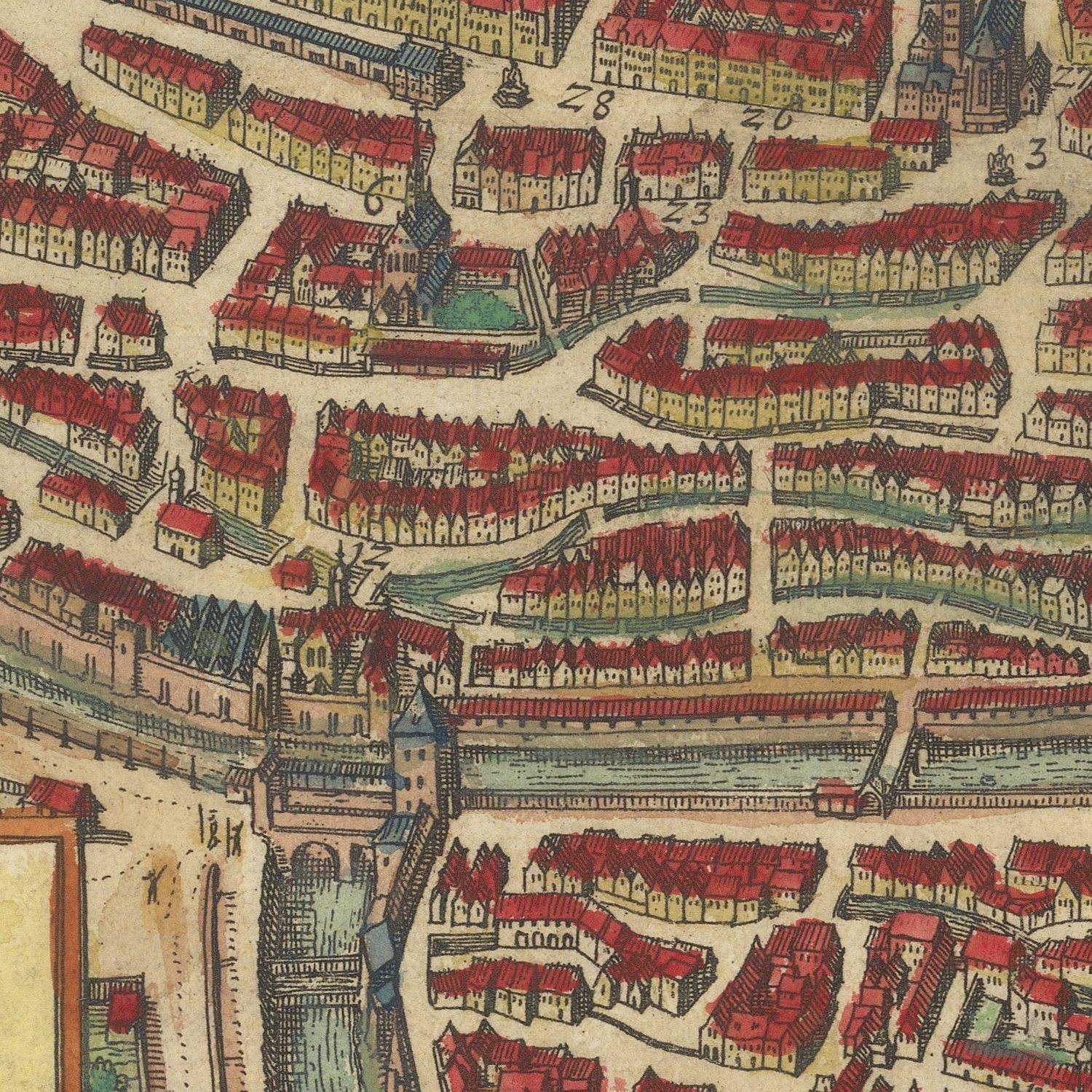 A close-up of an antique-style city map or illustration showing dense rows of buildings with red roofs, streets, and a river or canal running through the layout.