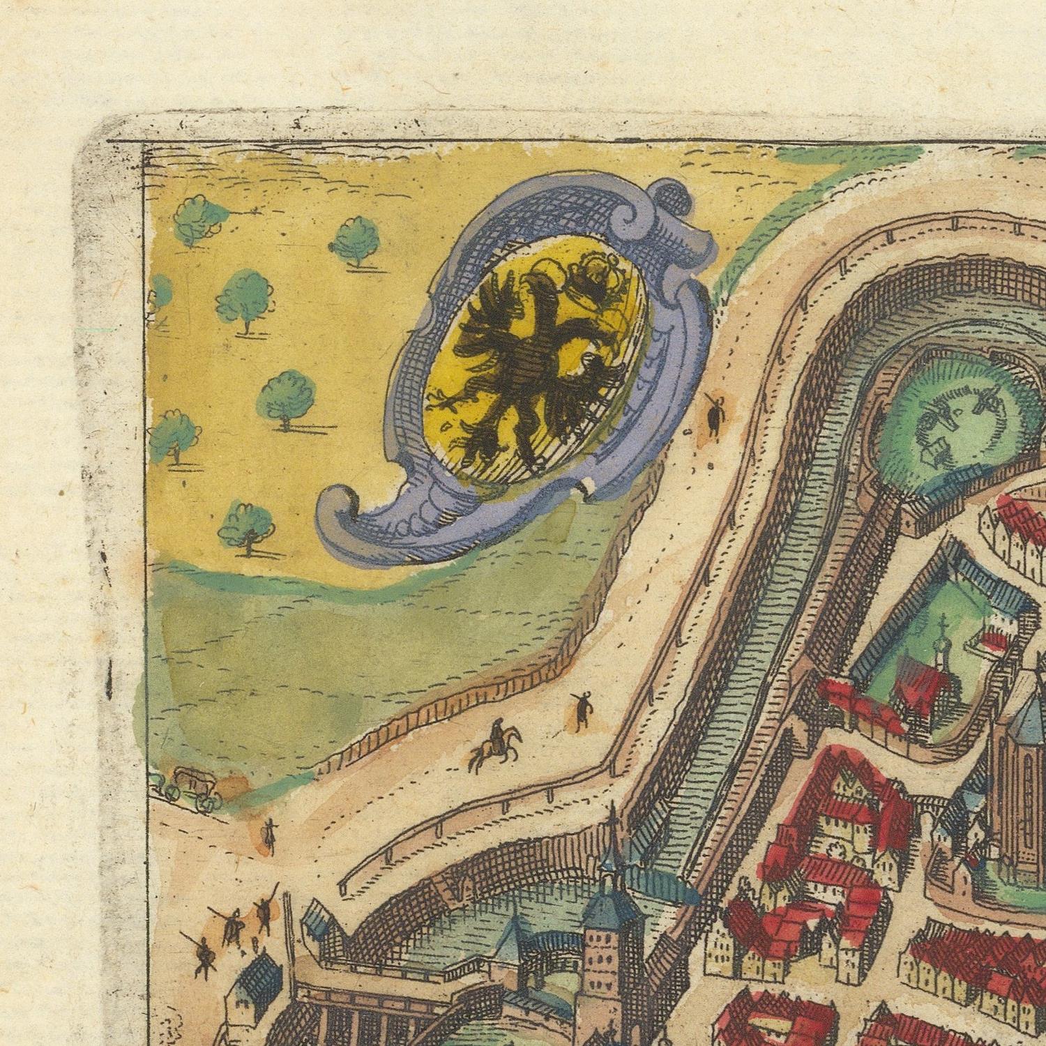 A close-up of an antique-style map or illustration showing a curved river or canal, a town with red-roofed buildings, trees, and a large yellow emblem with a black animal head.