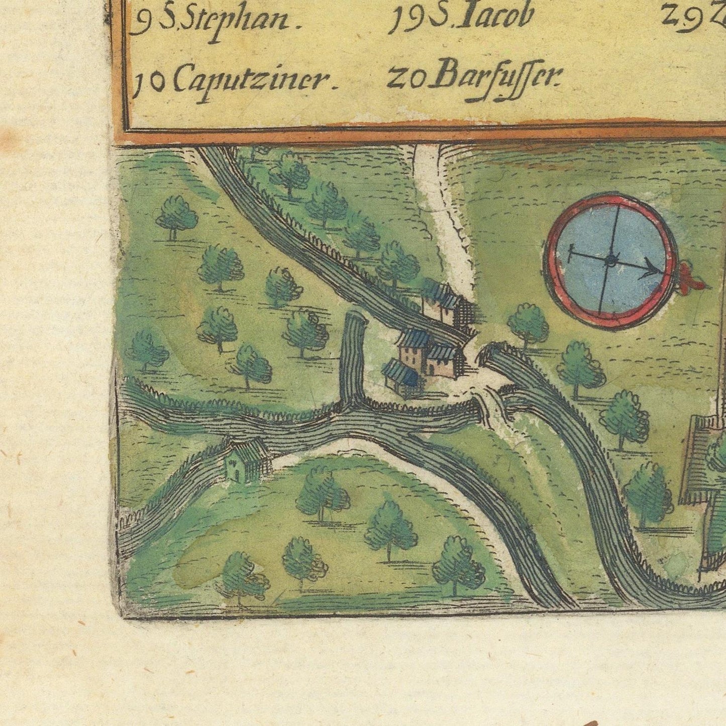 A vintage hand-colored map or illustration showing a landscape with green hills, trees, winding roads, small buildings, and a compass rose, with handwritten text at the top on aged paper.