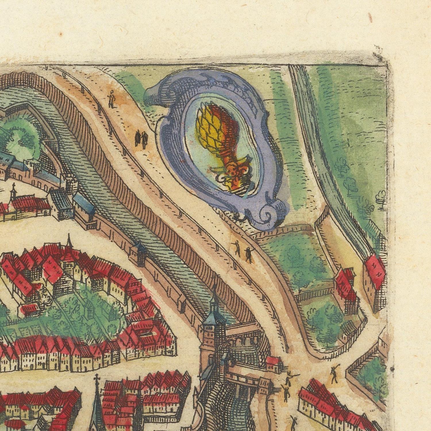 An antique-style hand-colored map or architectural illustration showing a town layout with red-roofed buildings, roads, green fields, and a central pond with a yellow-and-red fish-like figure.