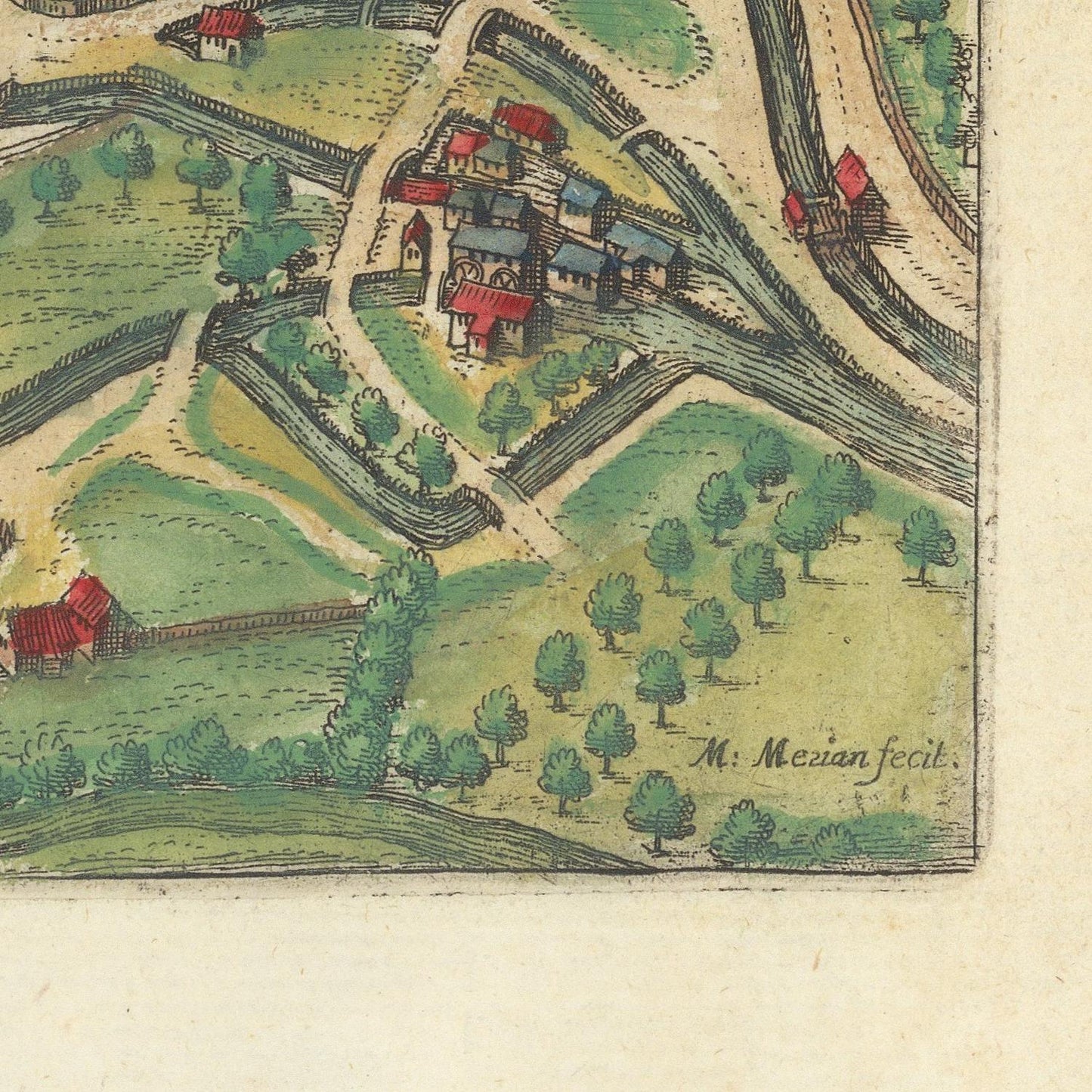 A close-up of an antique-style illustrated map or print showing a small village with red-roofed houses, trees, fences, and winding paths on a cream paper background.