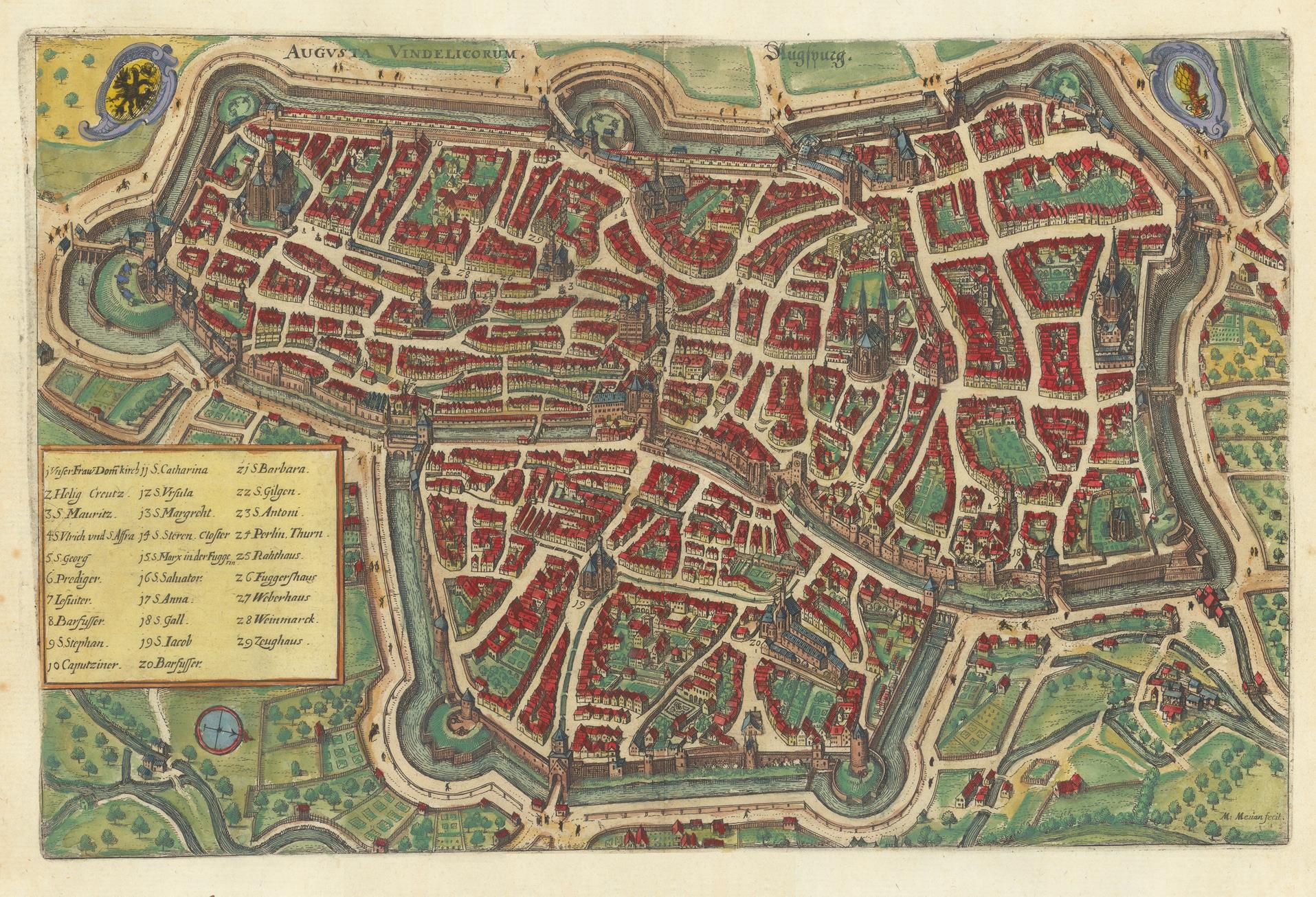 An antique-style city map print showing a detailed street layout with red rooftops, green parks, waterways, and a column of place names in the lower left on a beige paper background.