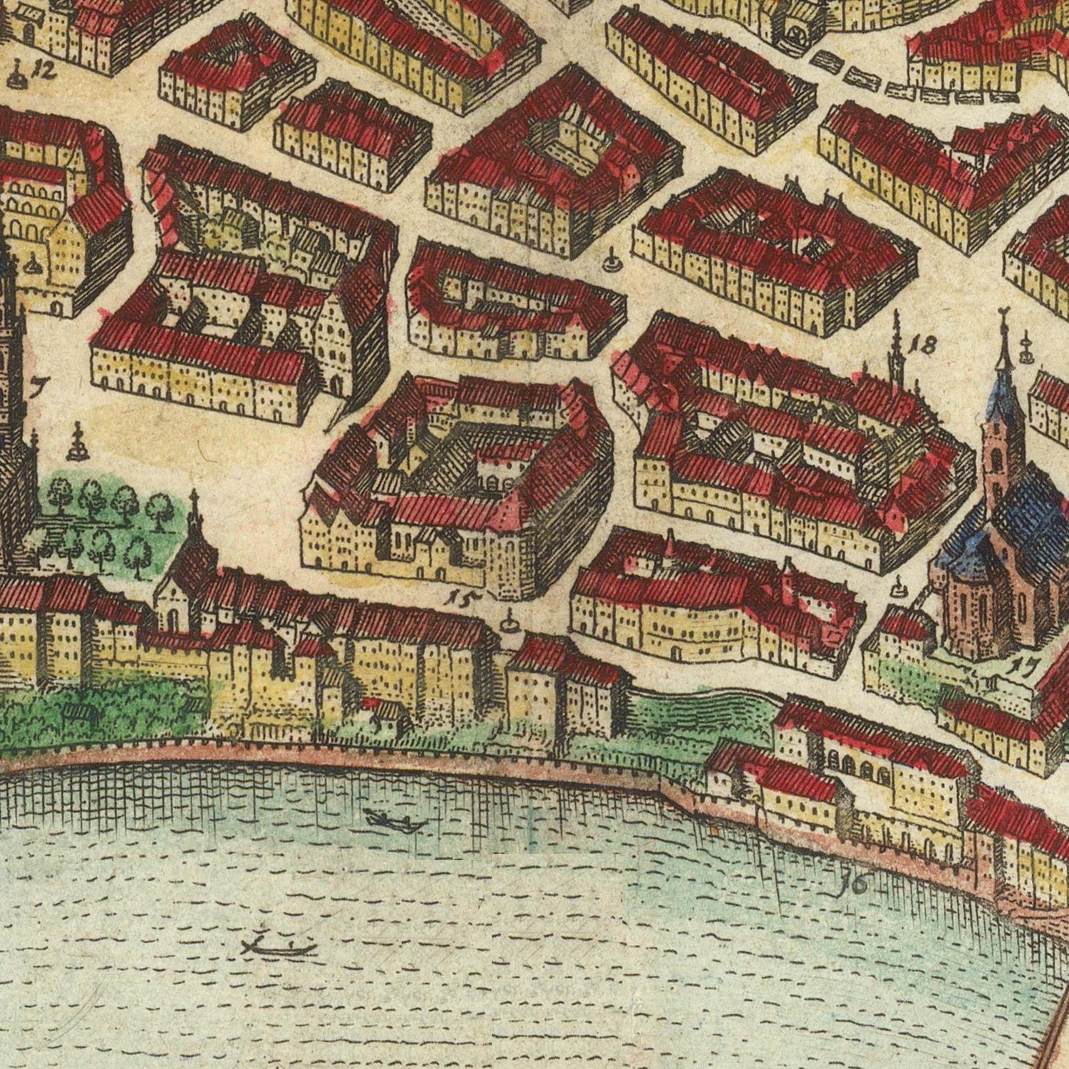 Vintage-style city map illustration showing dense buildings with red roofs, streets, trees, and a body of water in the foreground.