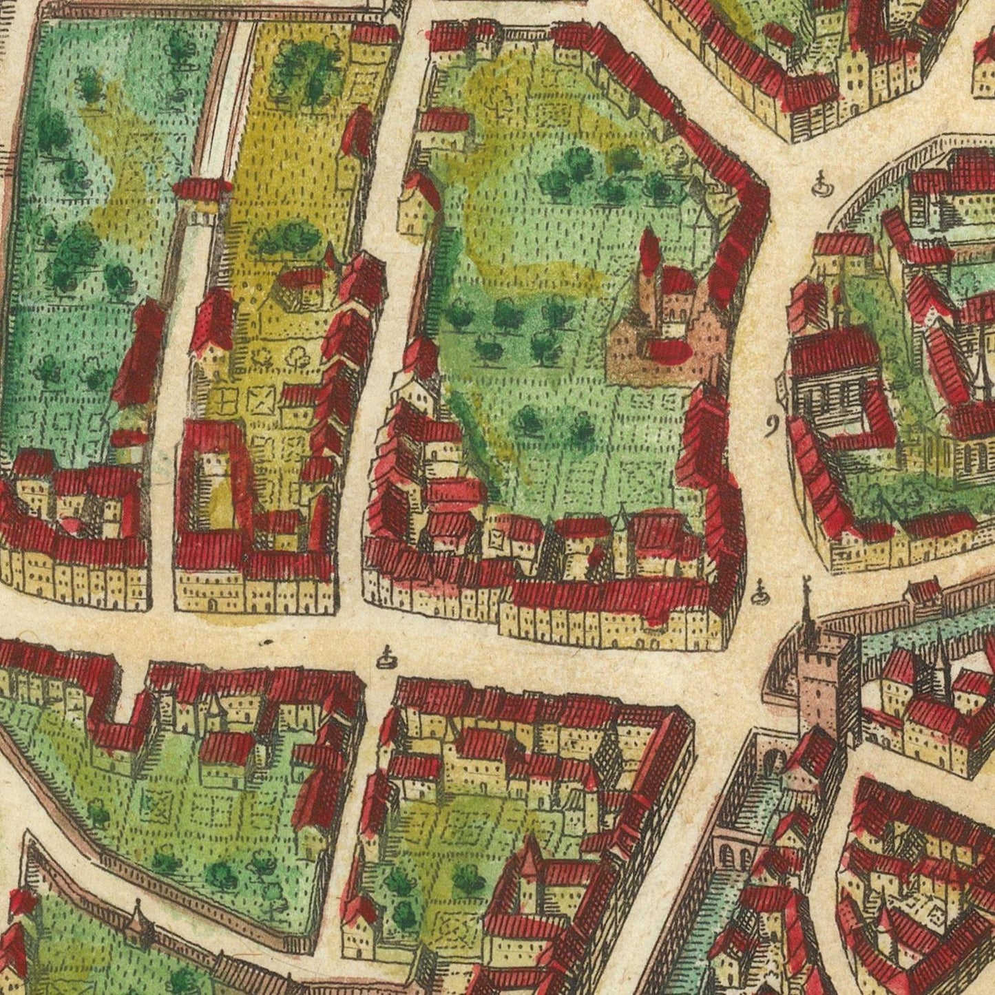 A close-up of a vintage-style illustrated map showing streets, buildings with red roofs, green plots, and trees on a warm beige background.