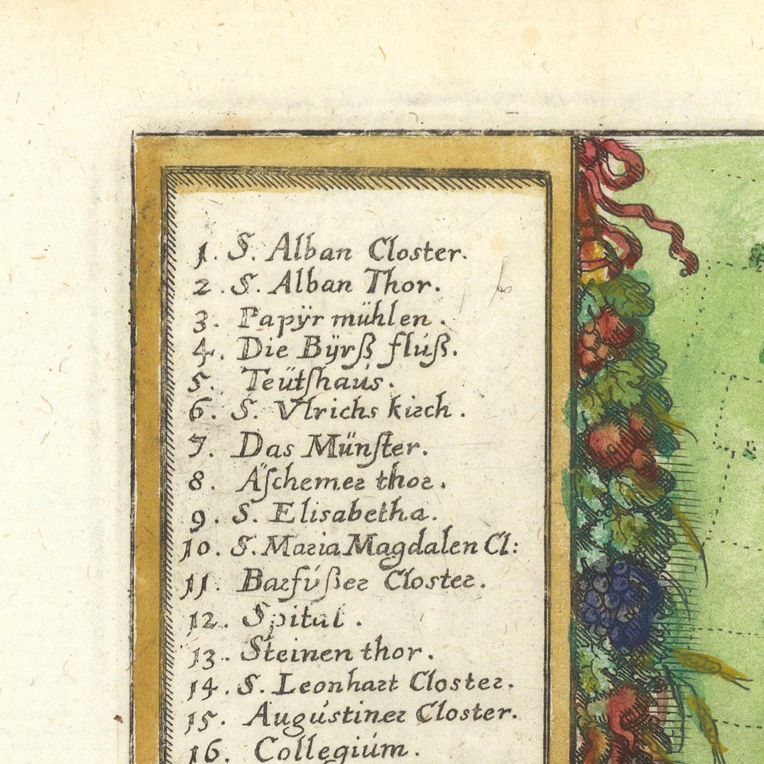 A close-up of an antique printed page showing a handwritten or engraved list of monasteries and places in German, printed in black ink on aged beige paper, with a decorative multicolored botanical border on the right side.