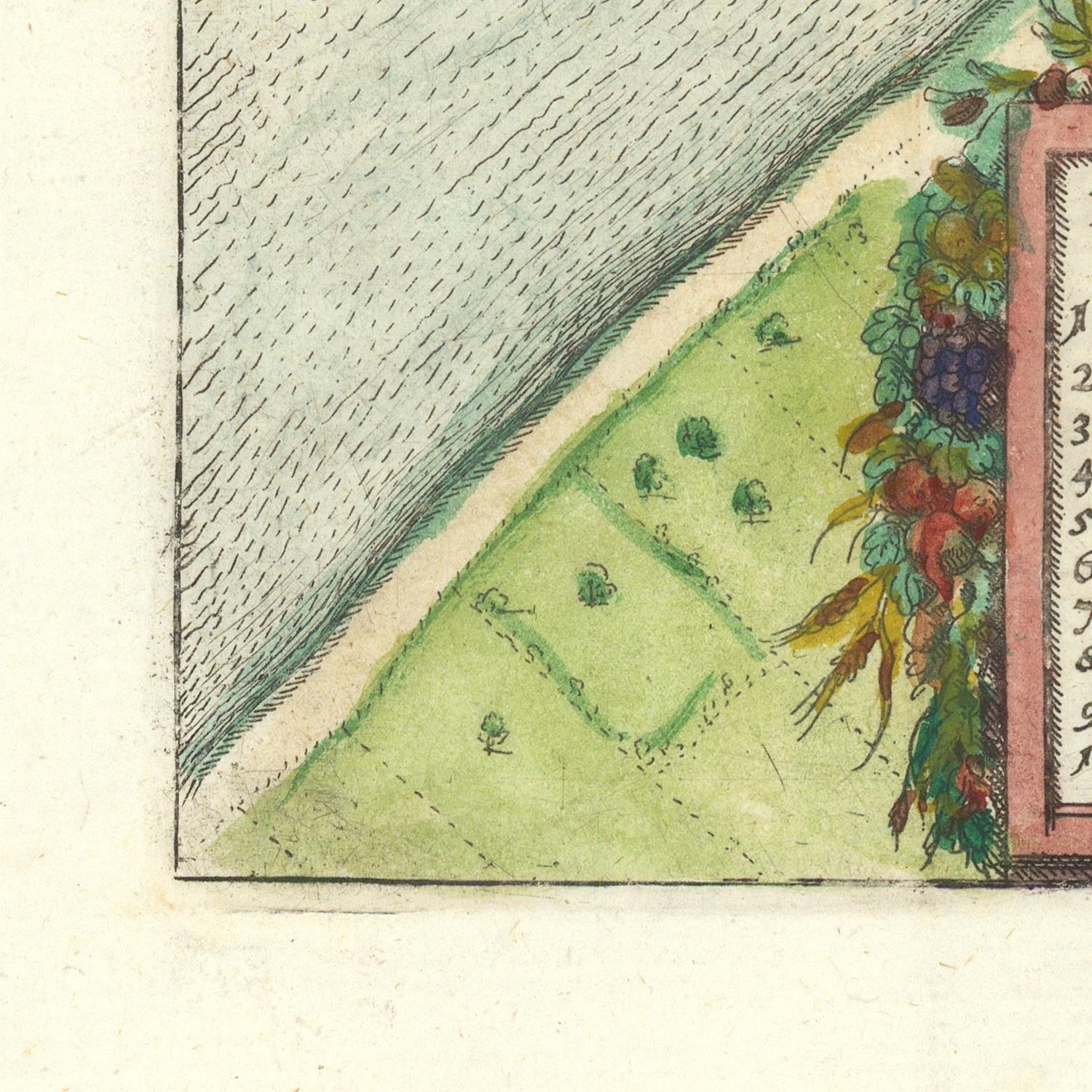 A close-up detail of an antique-style illustration showing a green field with small trees, a diagonal line, and a decorative floral border on the right side.
