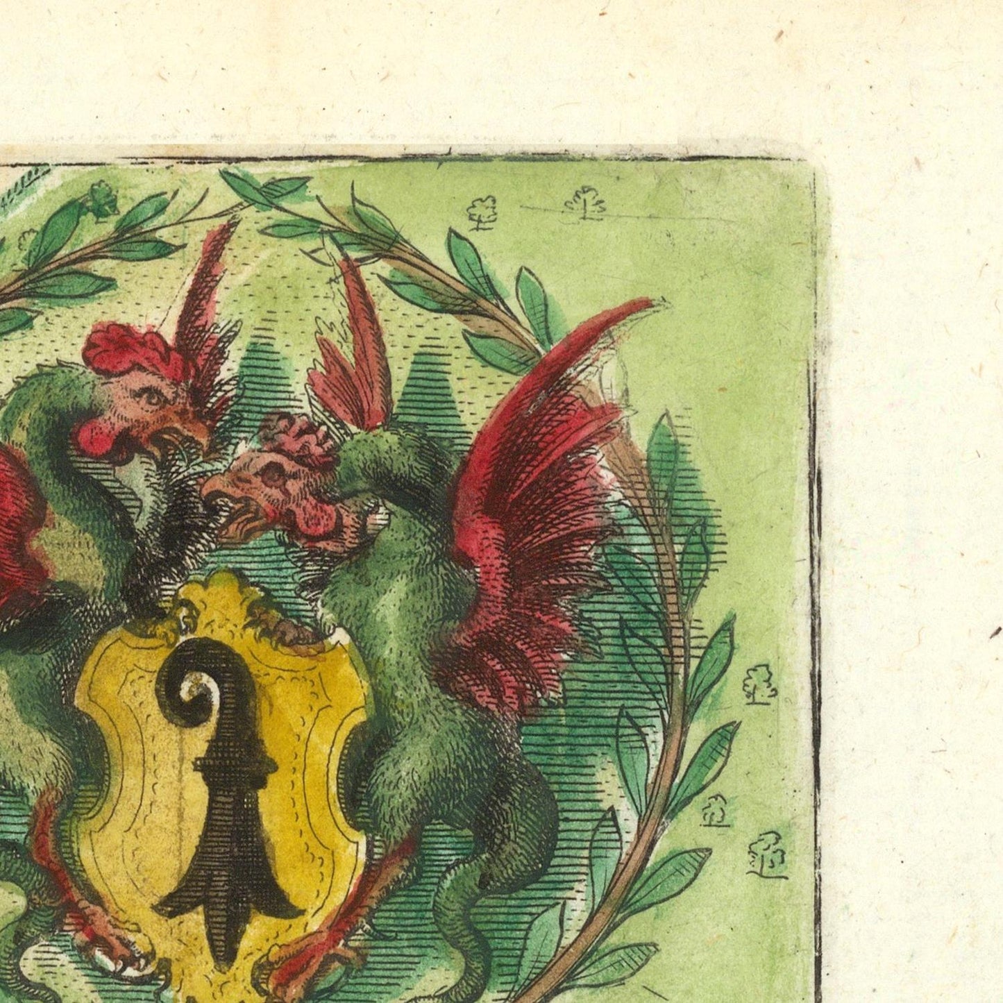 A close-up of a vintage printed illustration showing two green griffin-like creatures with red wings and a yellow crest, surrounded by green leaves on a light green background.