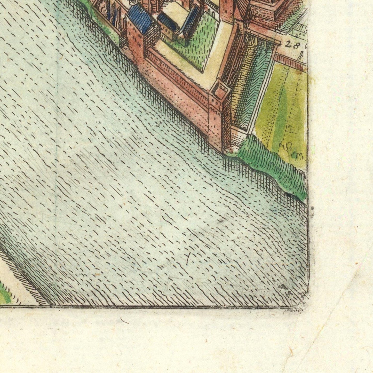 A close-up detail of an antique map or print showing a fortified wall, buildings, and green fields, with a large area of fine black hatching lines on a pale greenish-beige field. The print is photographed on a white background.