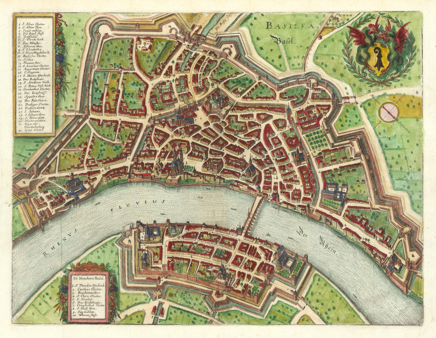 An antique-style hand-colored map of Basel, Switzerland, showing the city layout, river, fortifications, and decorative cartouches in muted green, beige, and red tones.