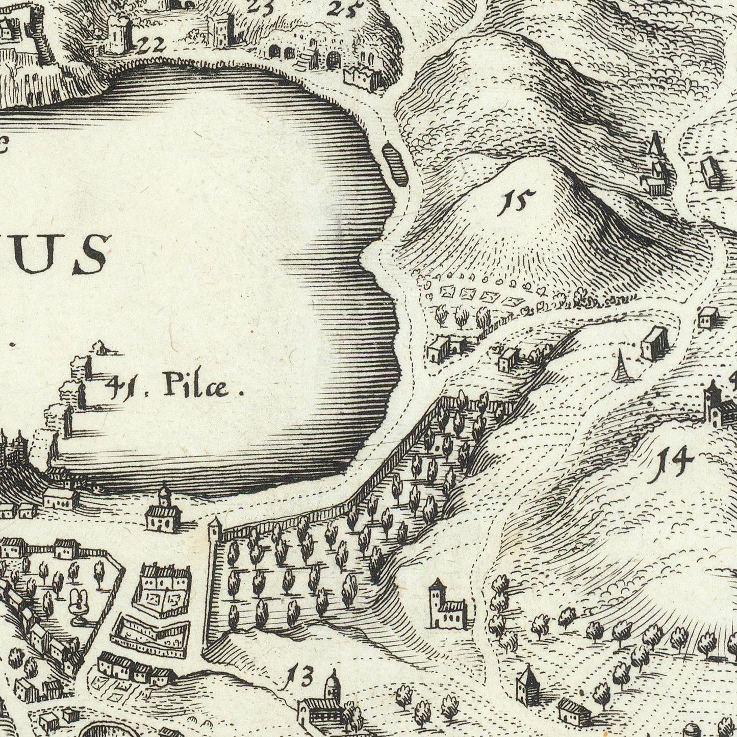 A close-up antique-style map illustration showing a lake, shoreline, hills, buildings, roads, and handwritten place labels including 'Pile'.