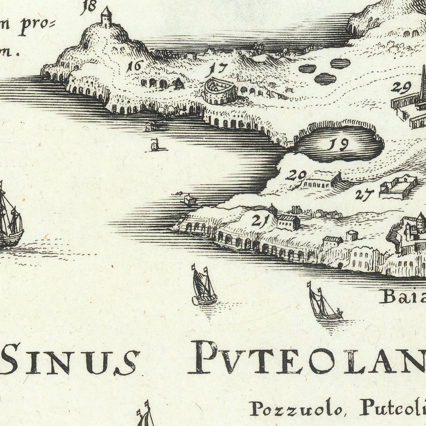 A vintage black-and-white engraved map or print showing a coastal harbor scene with numbered landmarks, ships, and the text 'Sinus Puteolanus' and 'Pozzuolo, Puteoli.'.