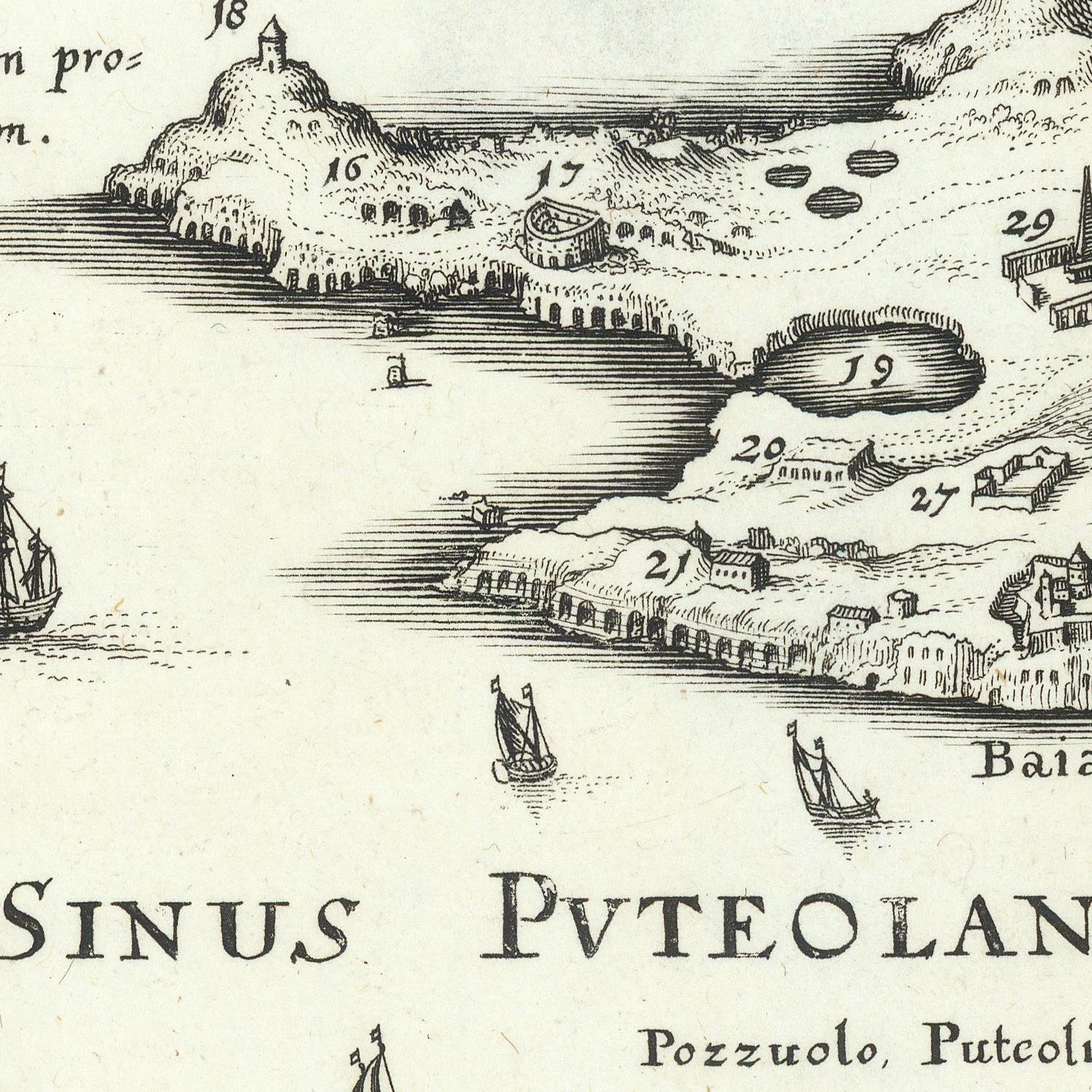 A vintage black-and-white engraved map or print showing a coastal harbor scene with numbered landmarks, ships, and the text 'Sinus Puteolanus' and 'Pozzuolo, Puteoli.'.