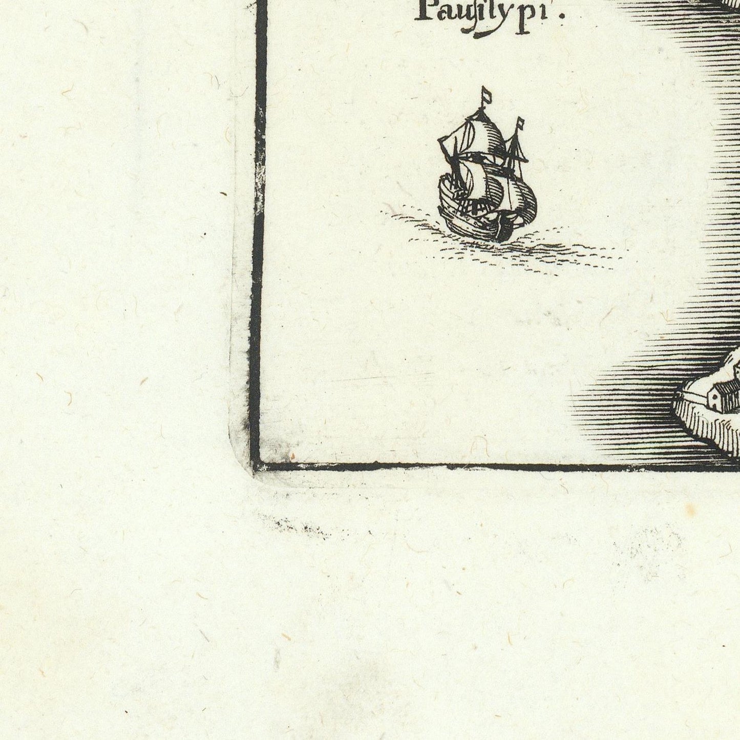 Close-up of a vintage printed page showing part of a black ink illustration of a sailing ship inside a bordered frame, with partial text at the top and a small cropped object at the lower right on an aged off-white paper background.
