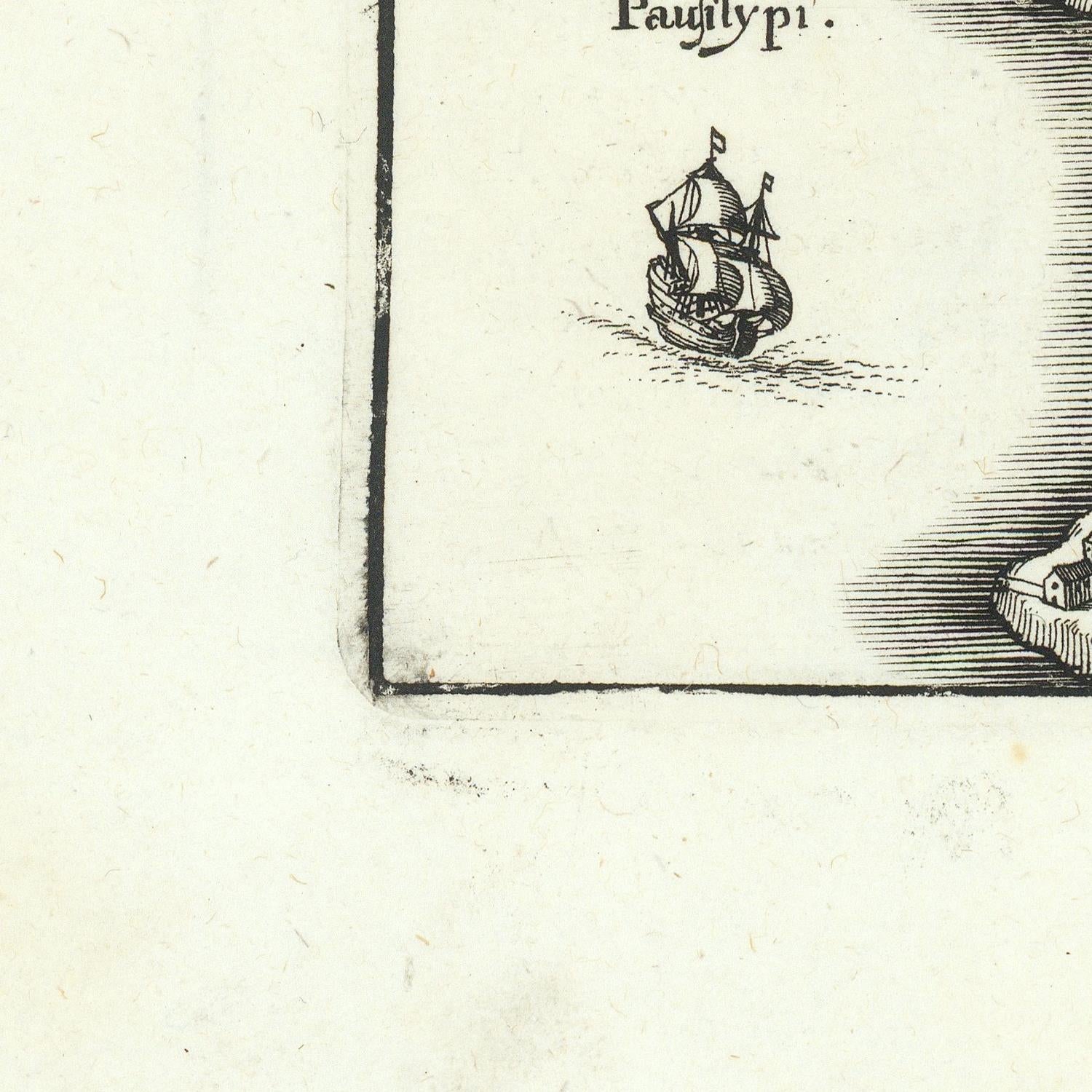 Close-up of a vintage printed page showing part of a black ink illustration of a sailing ship inside a bordered frame, with partial text at the top and a small cropped object at the lower right on an aged off-white paper background.