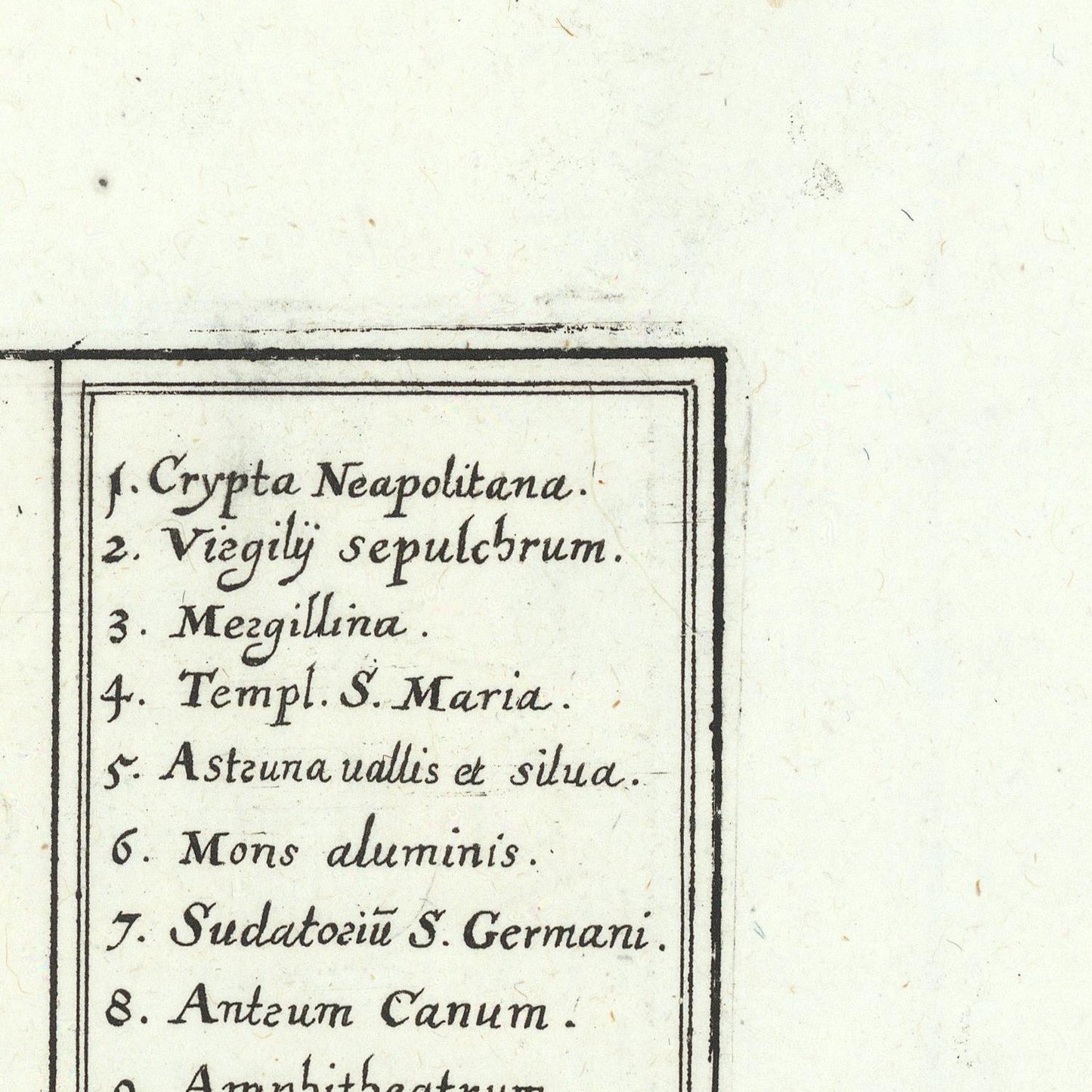A close-up of an antique printed page with a numbered list in black handwritten text on aged off-white paper. Visible entries include '1.