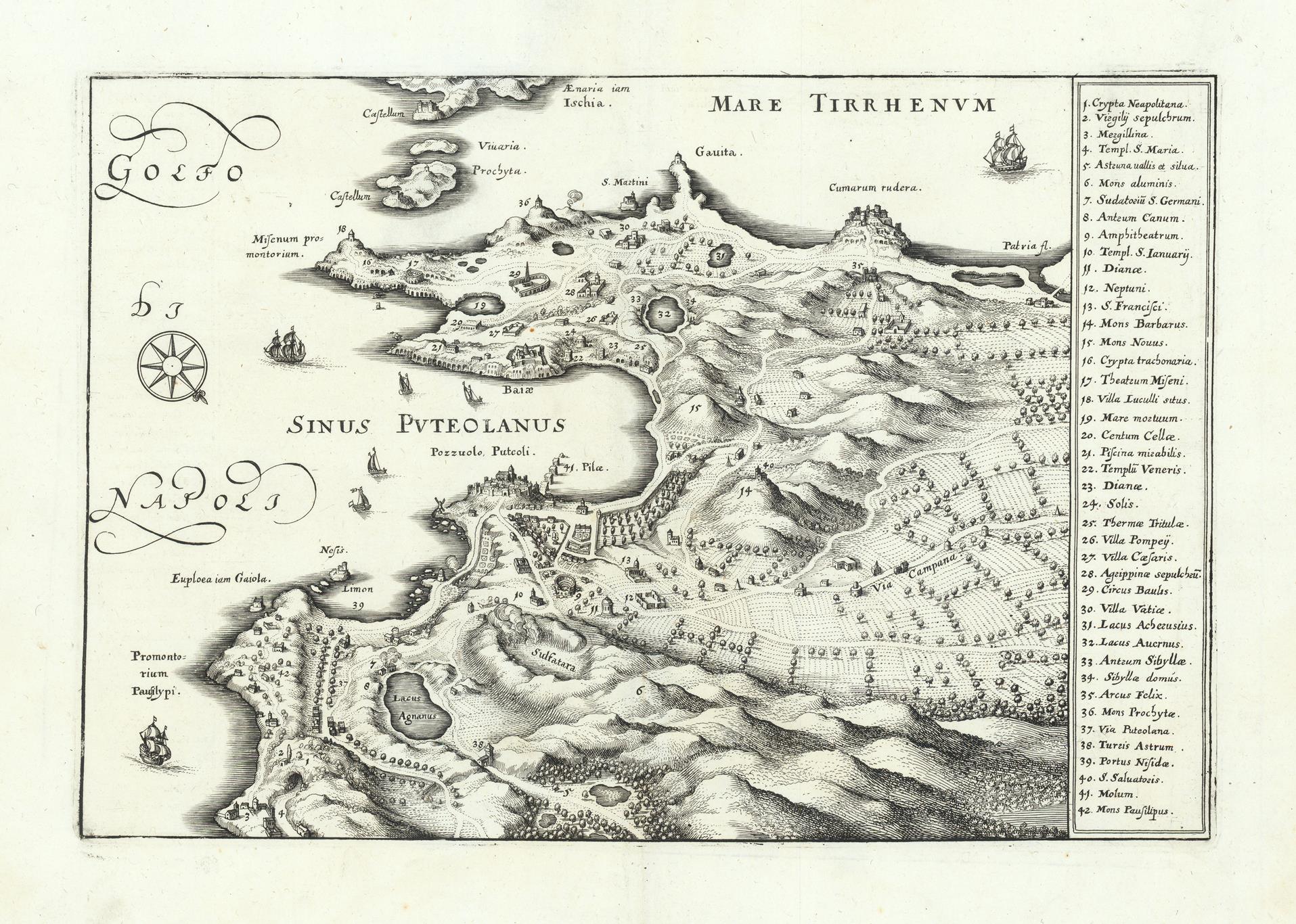 An antique-style engraved map of the Sinus Puteolanus and Mare Tirrenum, featuring detailed cartographic illustrations, handwritten place names, a compass rose, and a vertical list of labels on the right side.