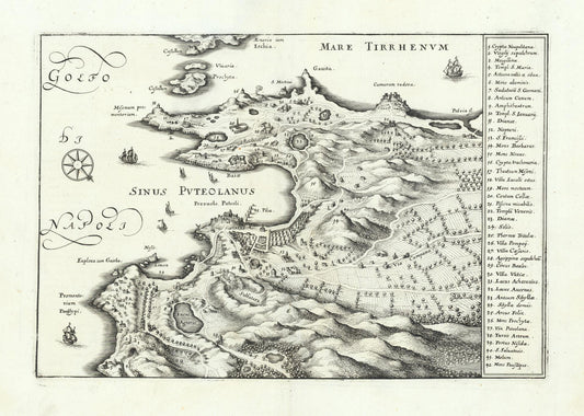 An antique-style engraved map of the Sinus Puteolanus and Mare Tirrenum, featuring detailed cartographic illustrations, handwritten place names, a compass rose, and a vertical list of labels on the right side.