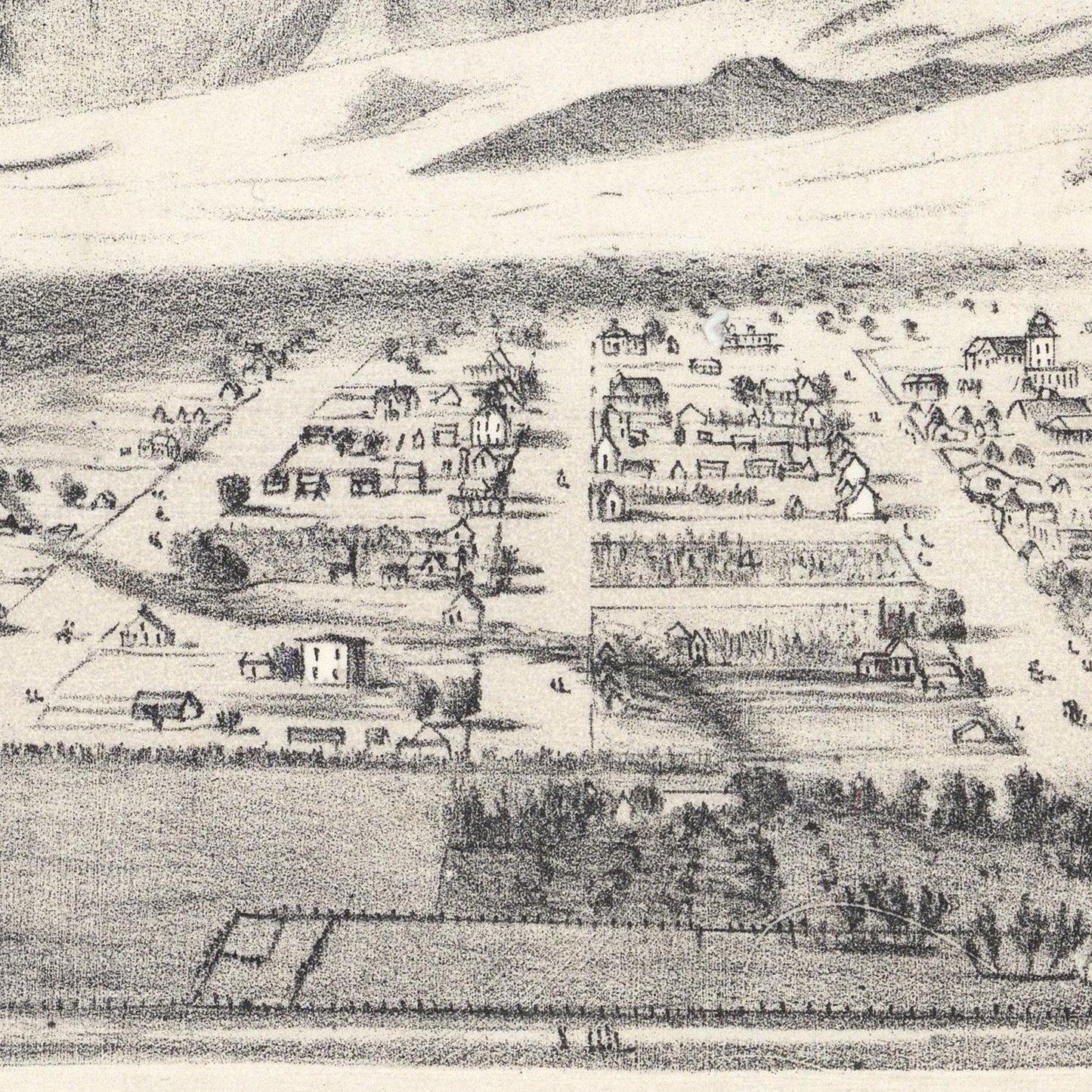 A black and white hand-drawn historical map or sketch showing a town layout with houses, fields, trees, and mountains in the background.