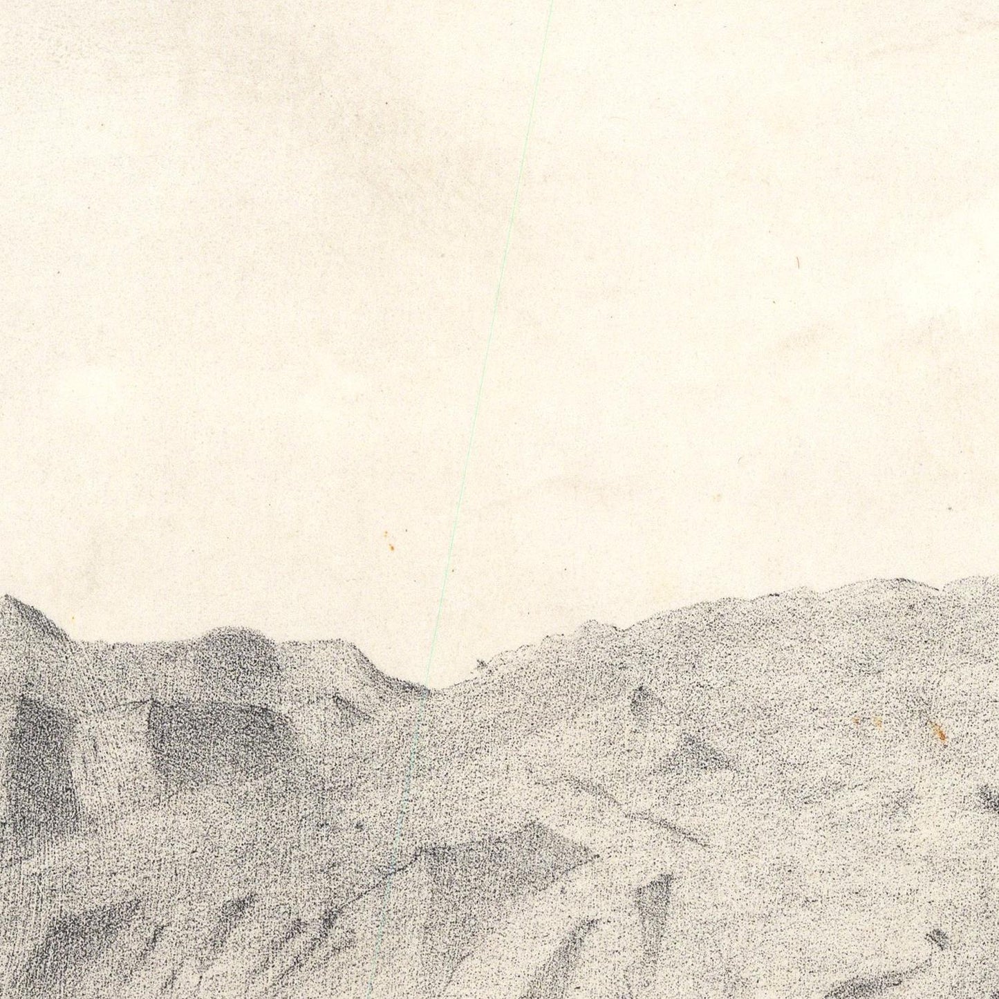 A textured monochrome sketch or print showing a dark, sketchy mountainous or rocky landscape against a large off-white sky area.