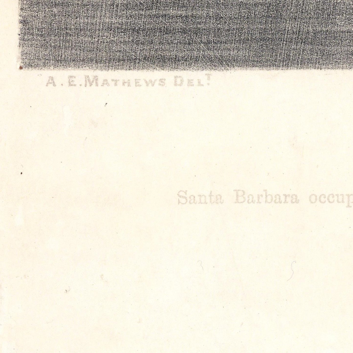 A close-up of a vintage printed page or label with a dark gray textured band across the top, faint serif text reading 'A. E.