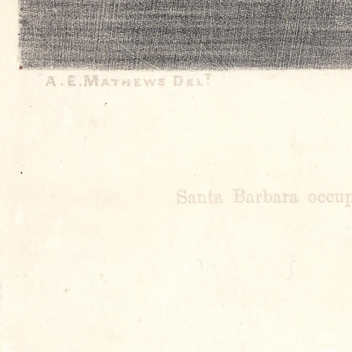 A close-up of a vintage printed page or label with a dark gray textured band across the top, faint serif text reading 'A. E.