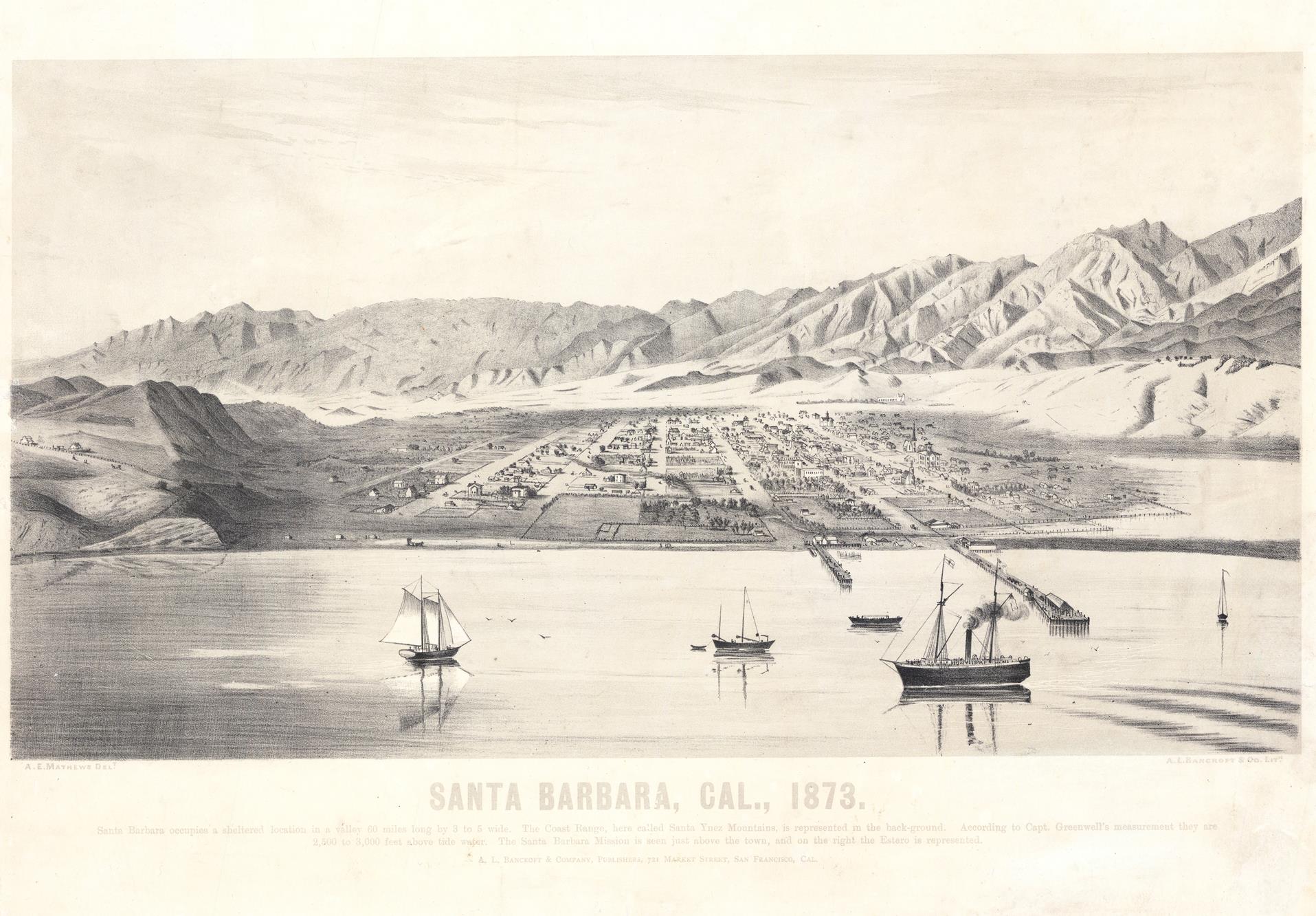 A vintage black-and-white engraved print showing Santa Barbara, California, in 1873, with mountains, water, boats, and a city layout. Text at the bottom reads “SANTA BARBARA, CAL.