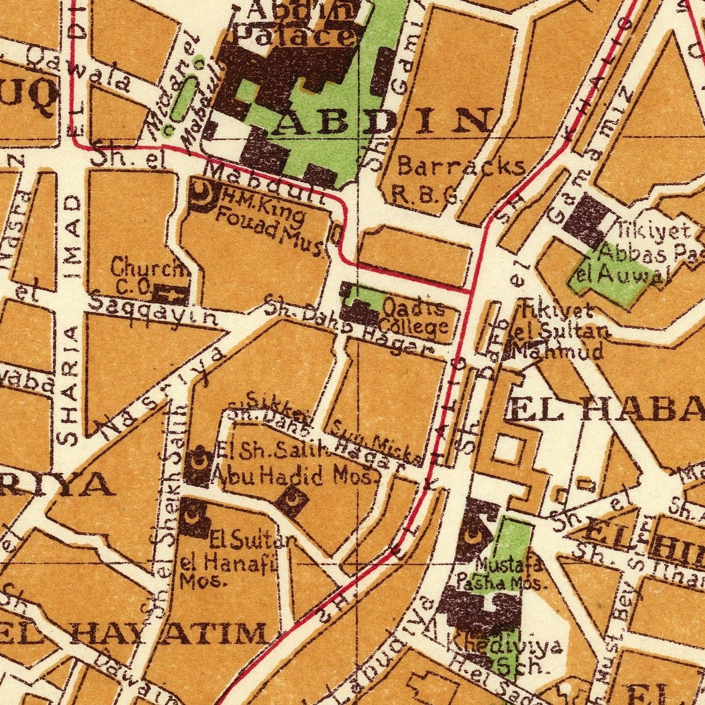 A vintage-style map print showing labeled streets and landmarks around Abdin, with tan, cream, green, and dark brown areas and a red route line.