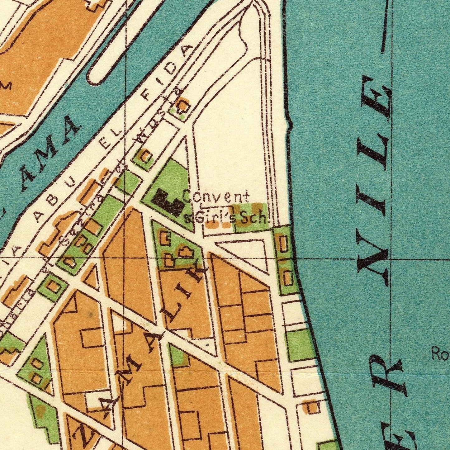 A close-up of a vintage map showing streets, blocks, labeled buildings, and water features including the Nile and Abu El-Fida.