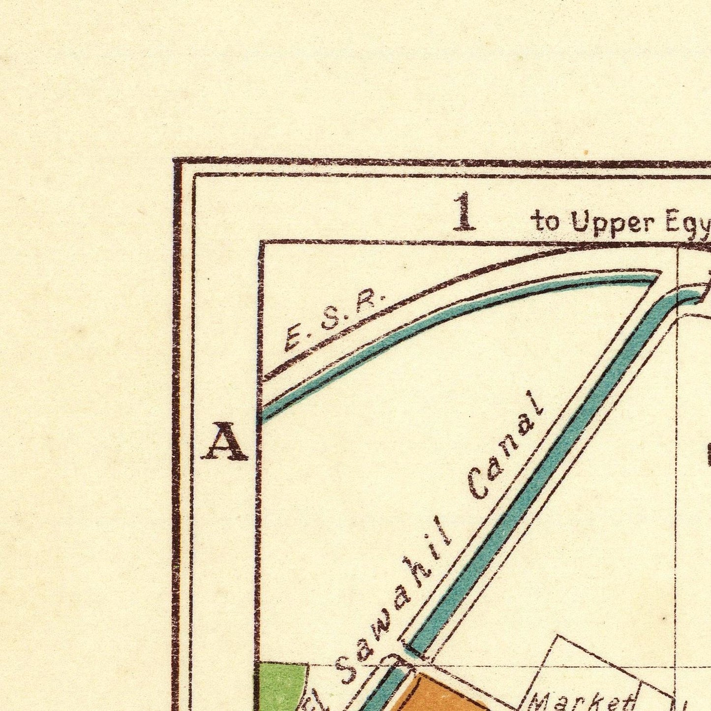 A close-up of a vintage map or printed diagram showing labeled sections, including 'E.S.