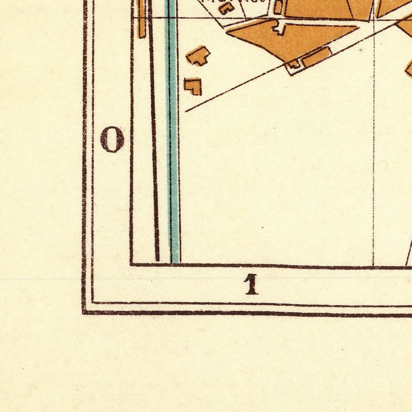 Close-up detail of a vintage map print showing a corner with a double-line border, the number 0, the number 1, and small orange and light blue land features on an aged cream paper background.