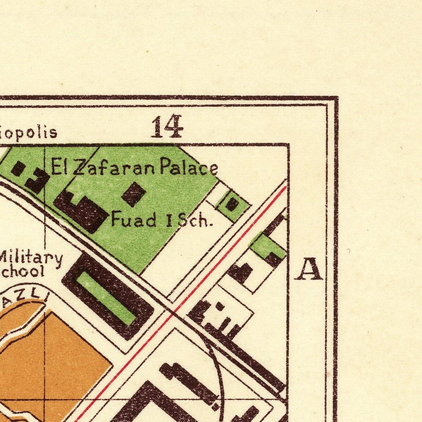 A close-up of a vintage map print showing labeled buildings and streets, including 'El Zafaran Palace', 'Fuad I Sch.', 'Military school', and 'iopolis', with cream paper background and colored land blocks.