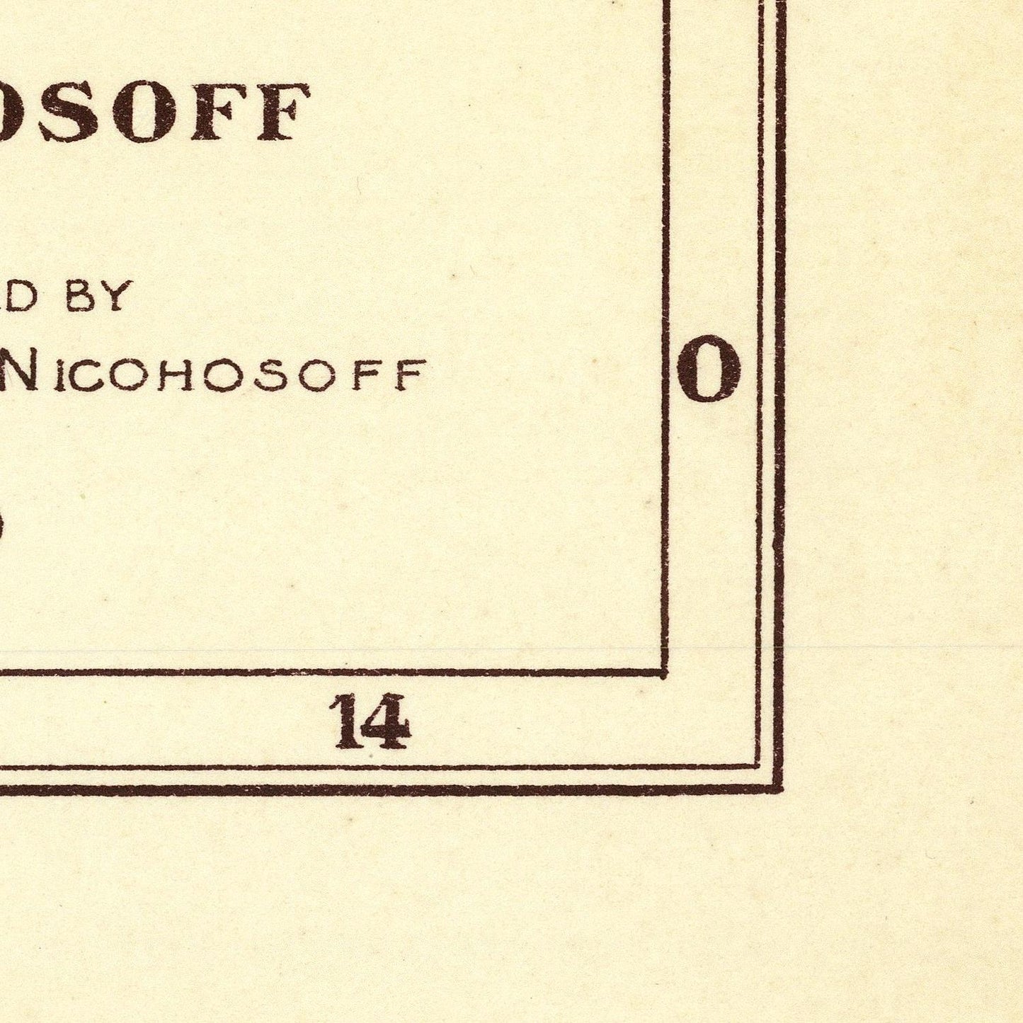 Close-up of a vintage print or book page with partial text reading 'OSOFF', 'D BY NICOHOSSOFF', and dimension markings '14' and '0' on a warm cream background.
